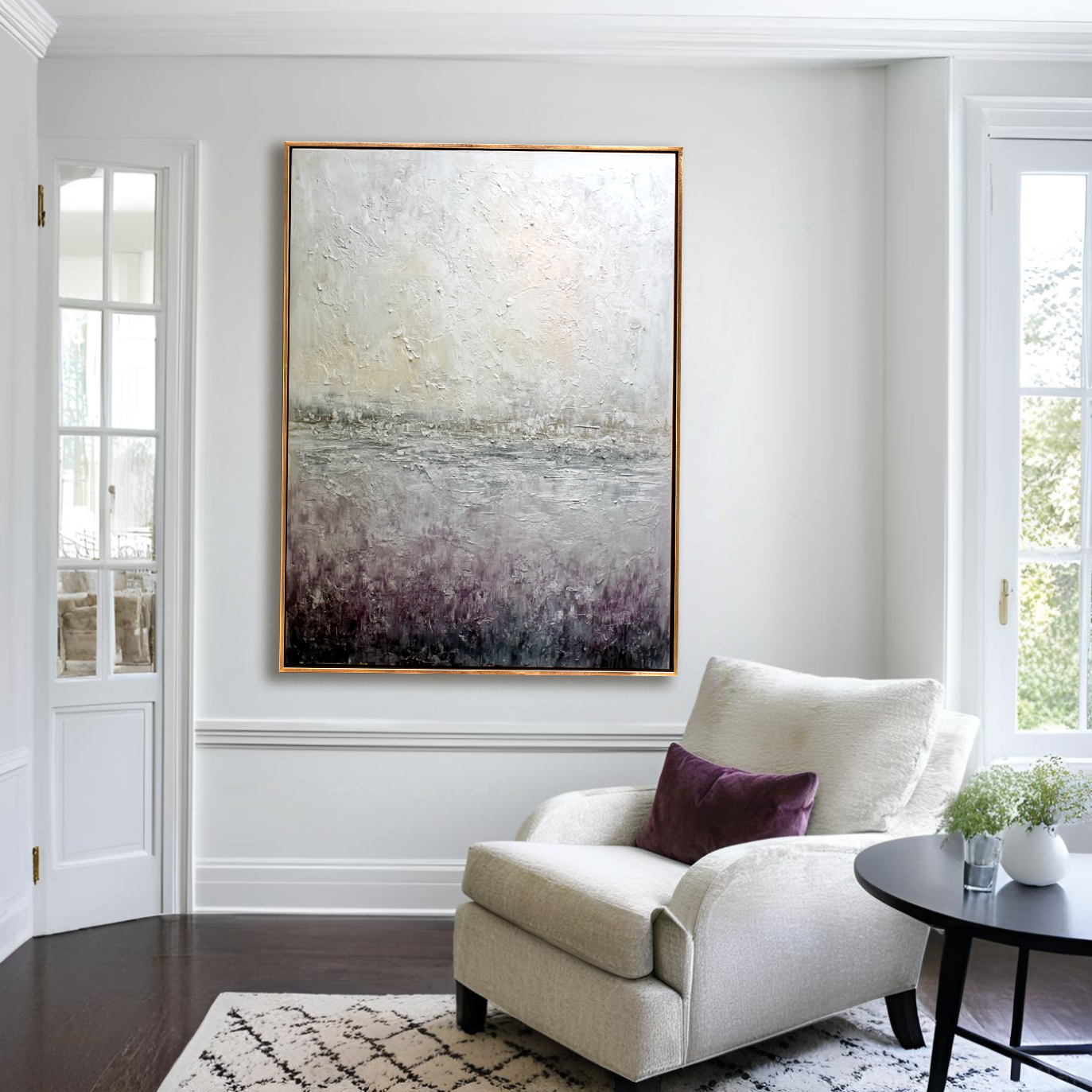 Abstract landscape painting with soft, textured light and dark tones, creating a serene atmosphere.