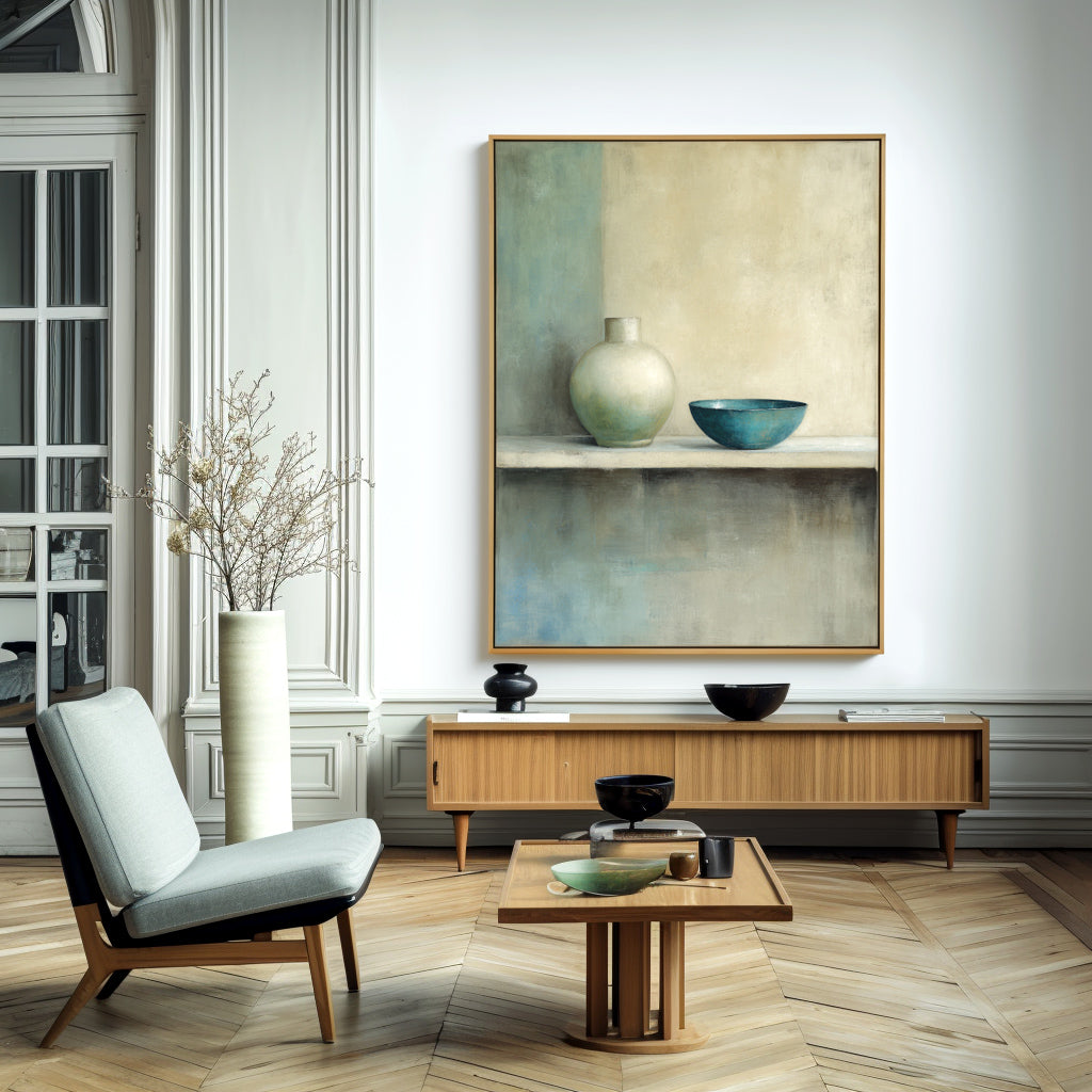 Minimalist still life painting featuring a green vase and blue bowl with soft background tones.