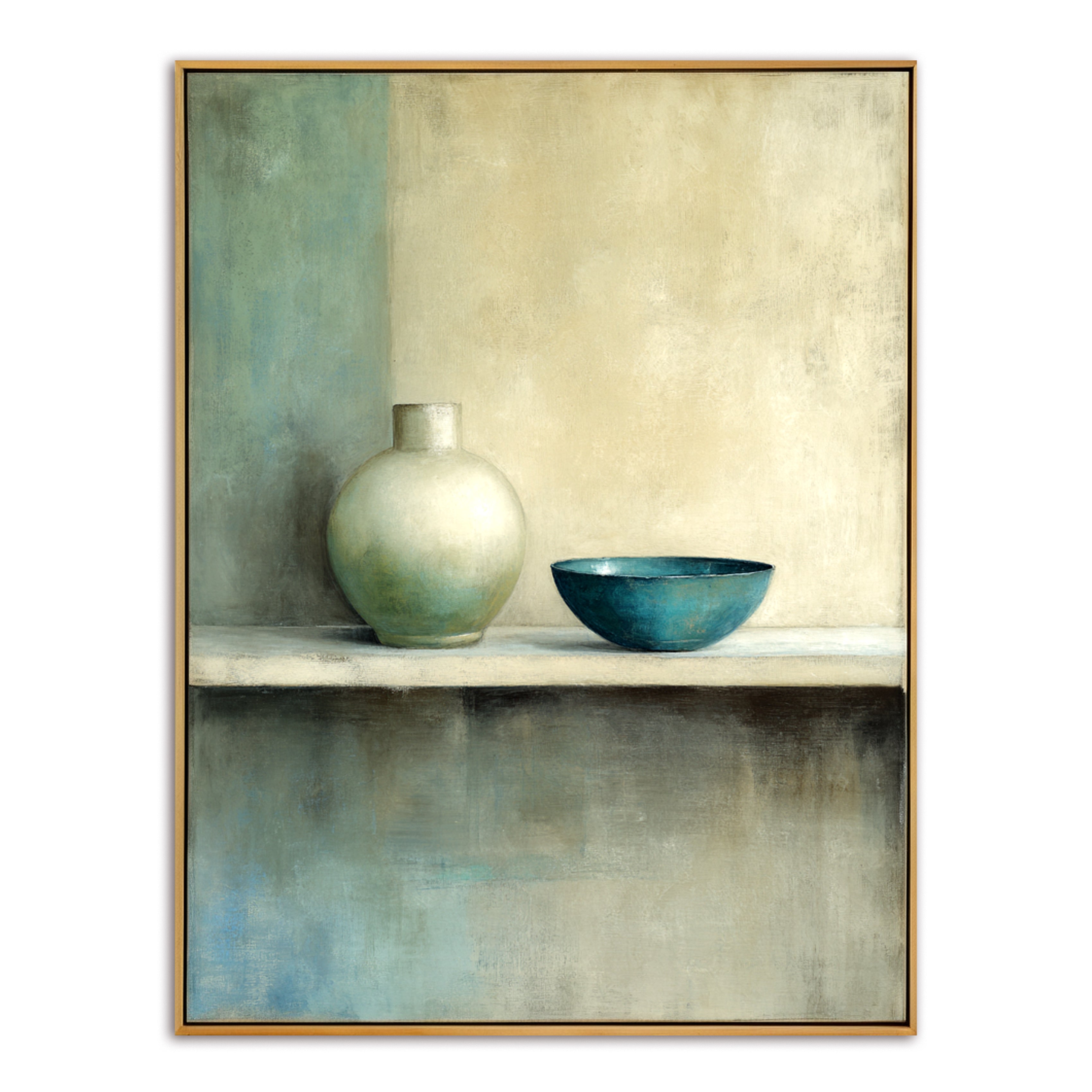 Minimalist still life painting featuring a green vase and blue bowl with soft background tones.