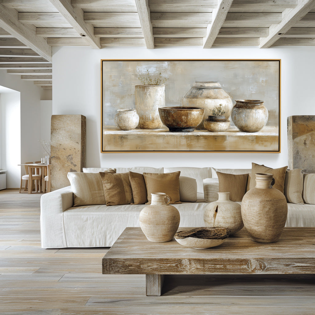 Still life painting featuring ceramic vases and pots in neutral tones with natural plant accents.