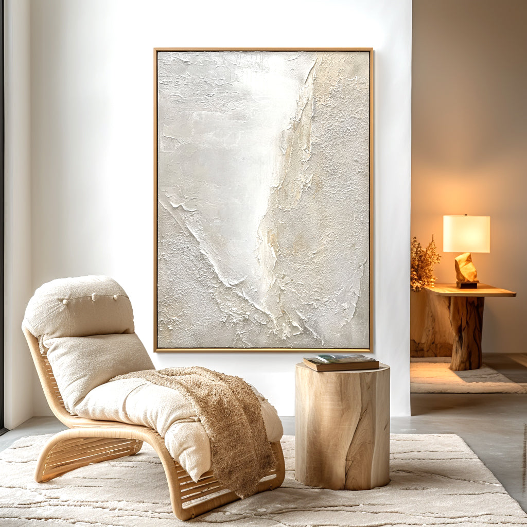 Abstract textured artwork in soft white and beige tones, with dynamic texture contrasts.