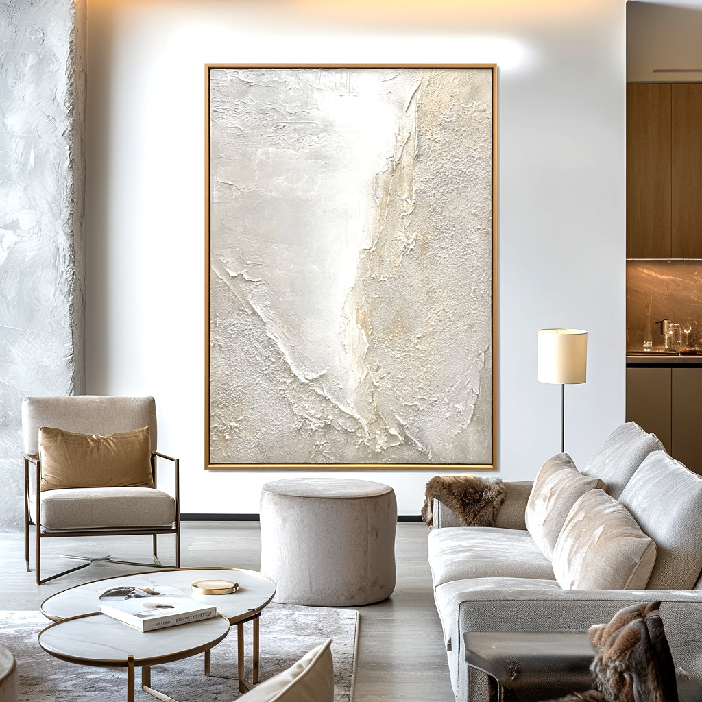 Abstract textured artwork in soft white and beige tones, with dynamic texture contrasts.