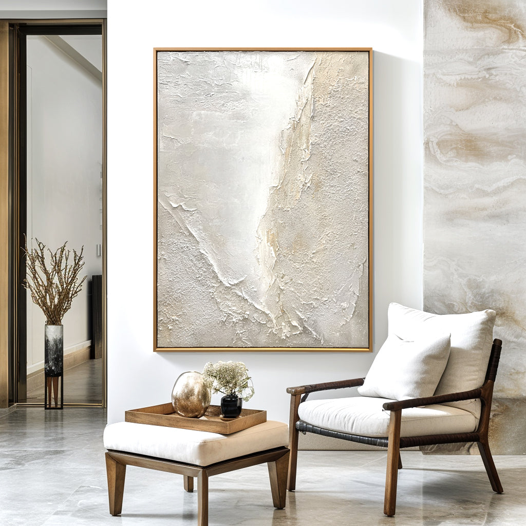 Abstract textured artwork in soft white and beige tones, with dynamic texture contrasts.