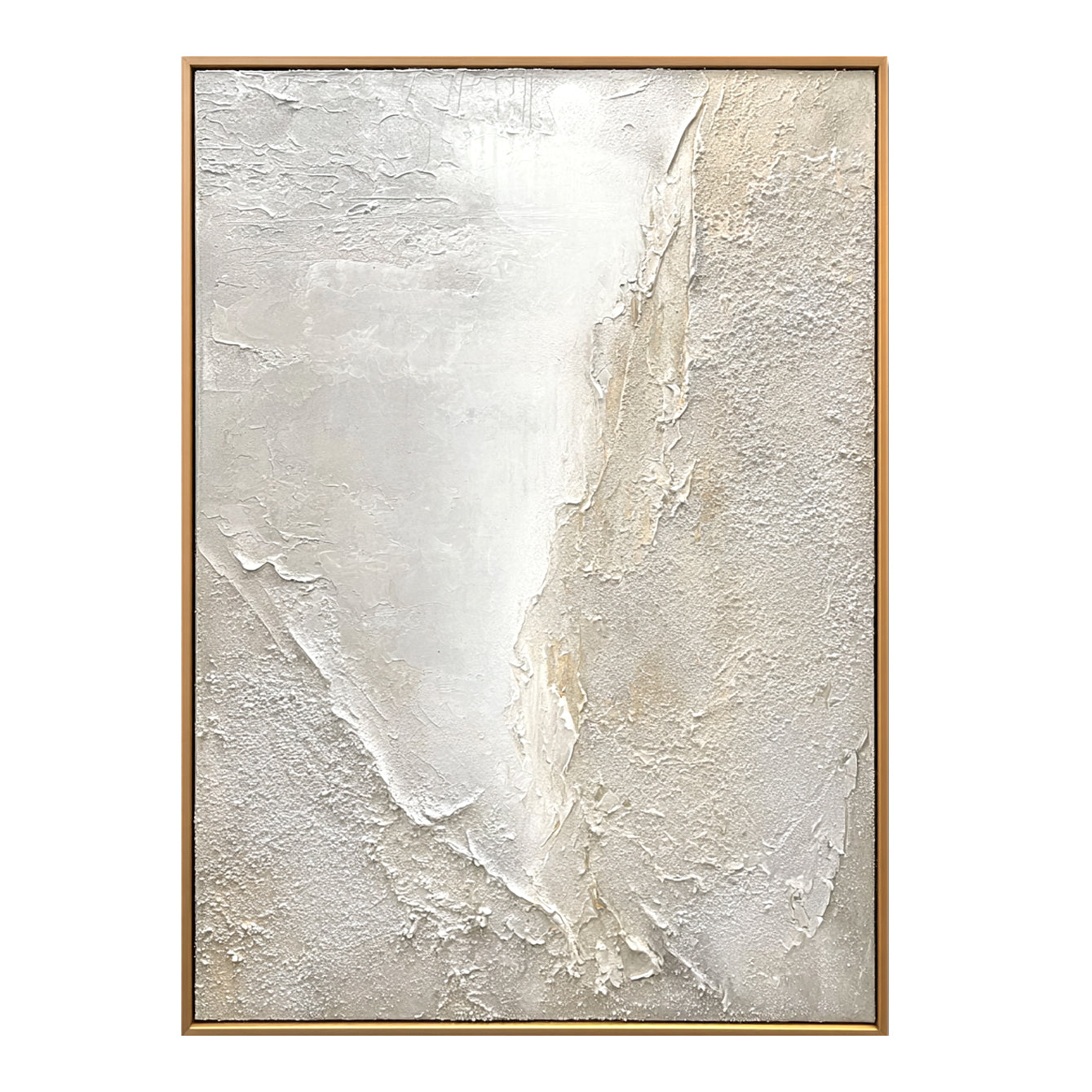 Abstract textured artwork in soft white and beige tones, with dynamic texture contrasts.