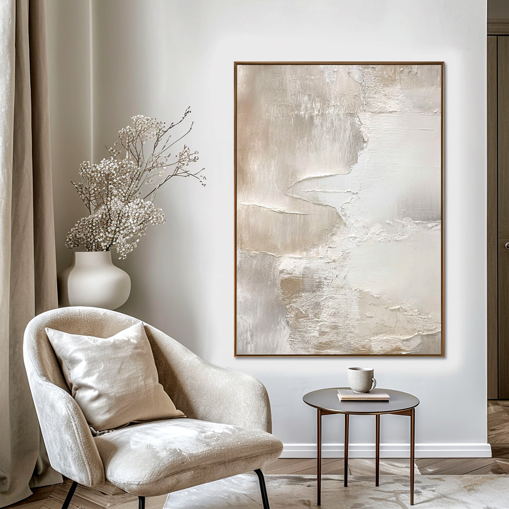 Abstract textured art in soft white and beige tones, creating a minimalist and elegant design.