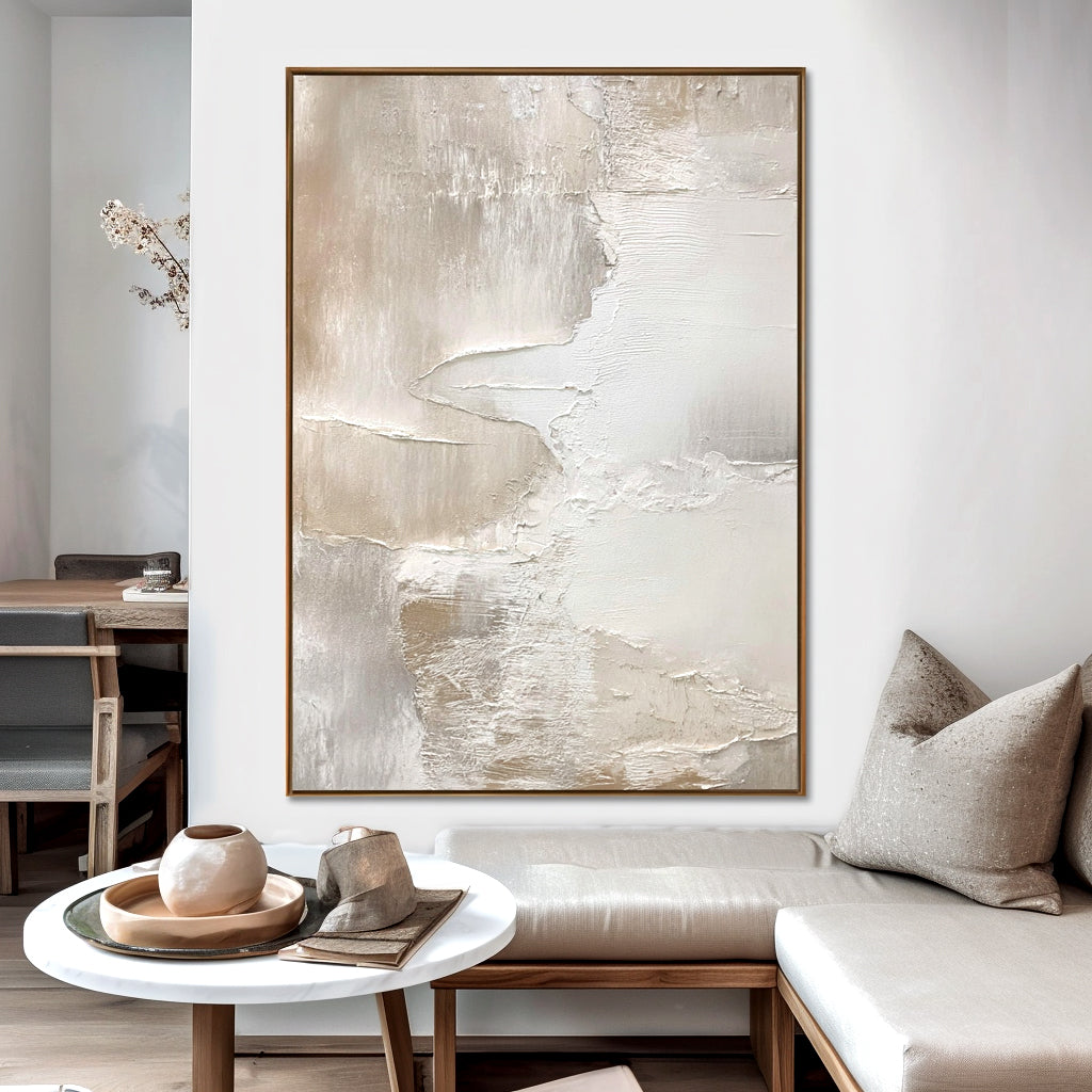 Abstract textured art in soft white and beige tones, creating a minimalist and elegant design.