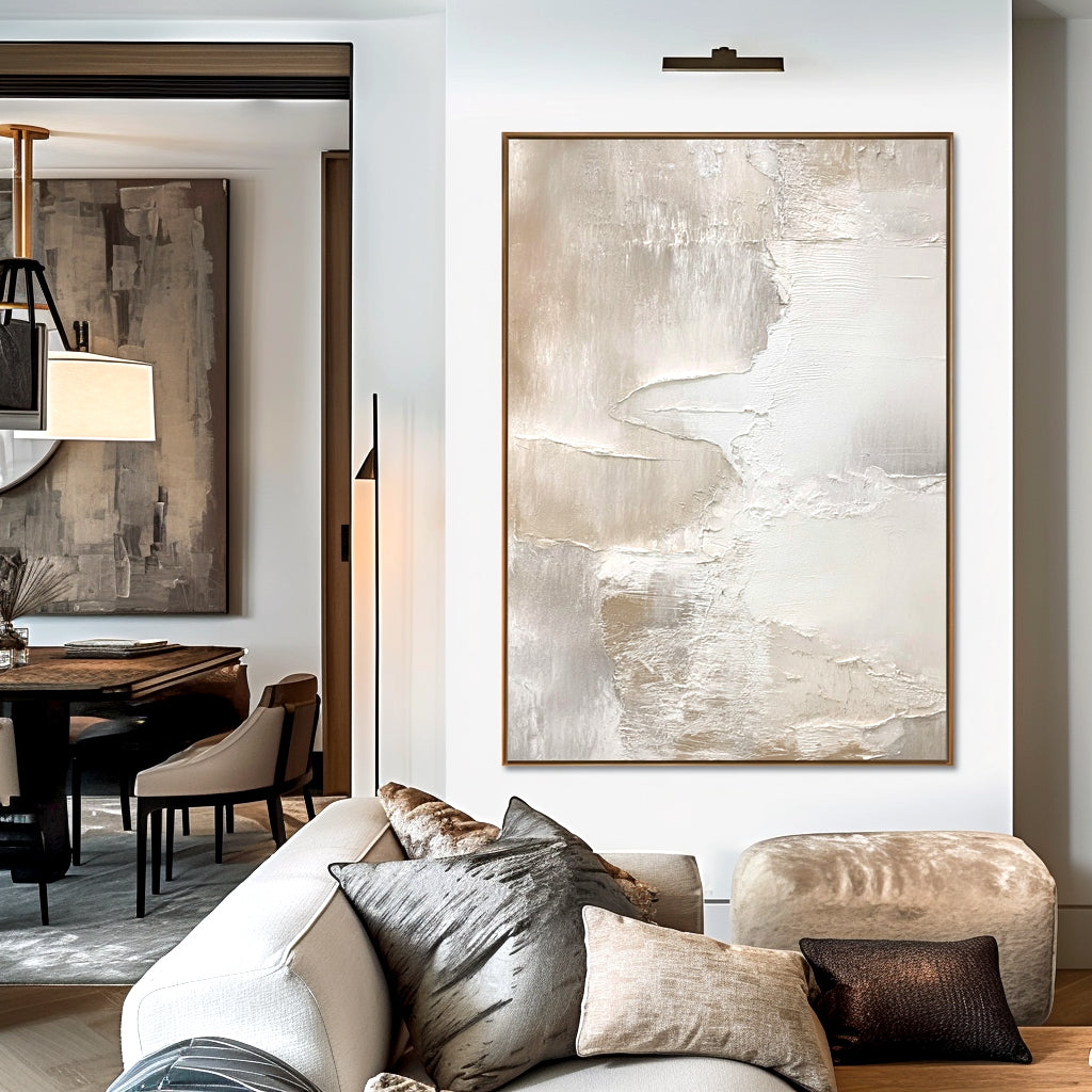 Abstract textured art in soft white and beige tones, creating a minimalist and elegant design.