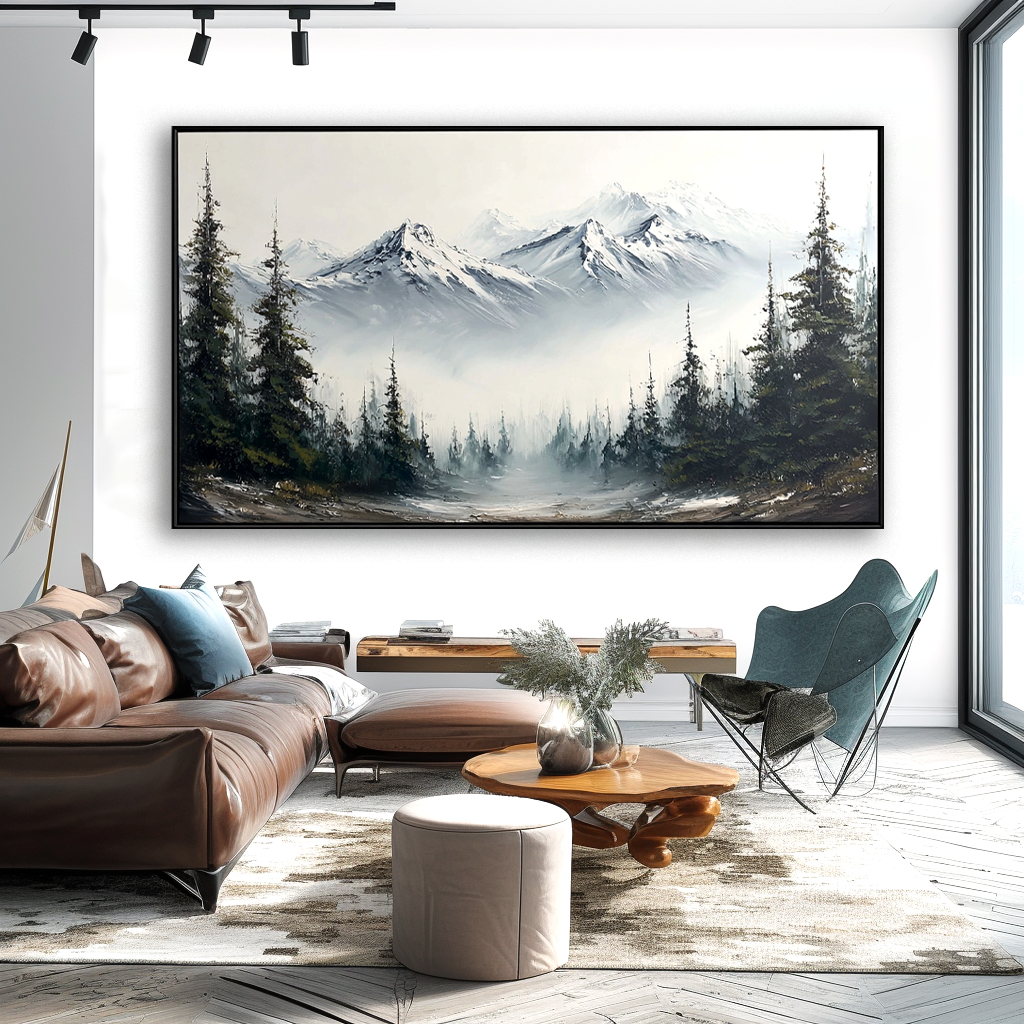 Mountain landscape painting with snow-capped peaks, mist, and pine trees.