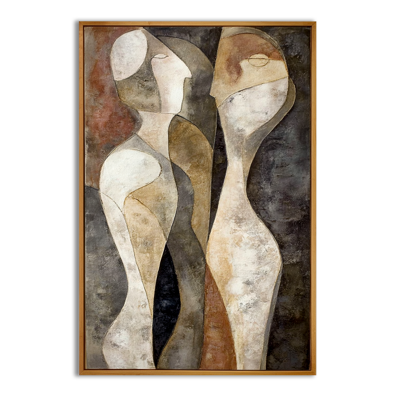 Abstract artwork of two minimalist figures in earthy tones, symbolizing connection.