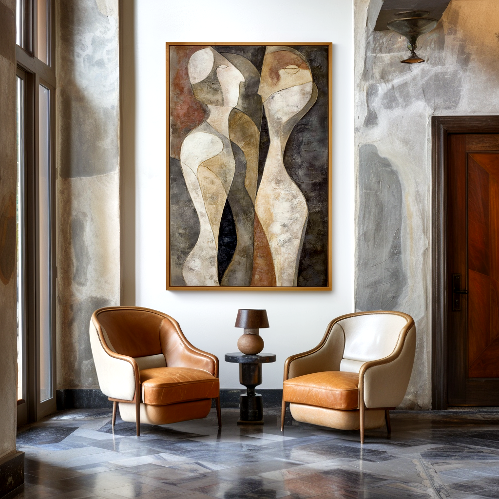 Abstract artwork of two minimalist figures in earthy tones, symbolizing connection.