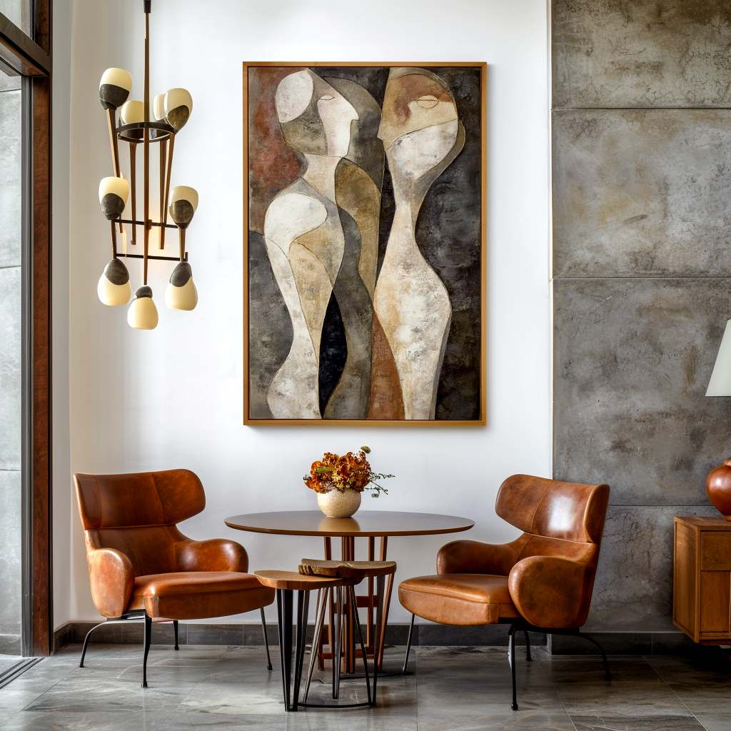 Abstract artwork of two minimalist figures in earthy tones, symbolizing connection.