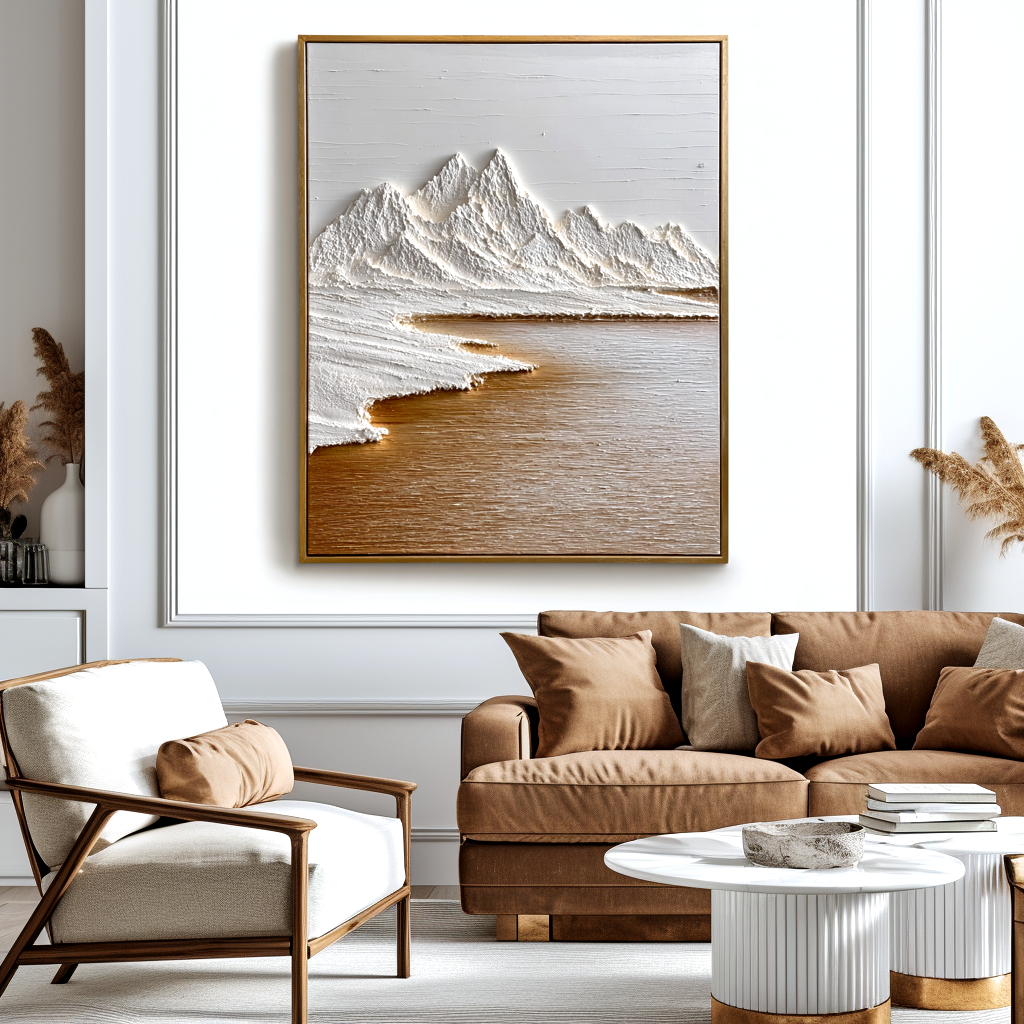 Textured mountain landscape art with white snow-capped peaks and earthy brown lake tones.
