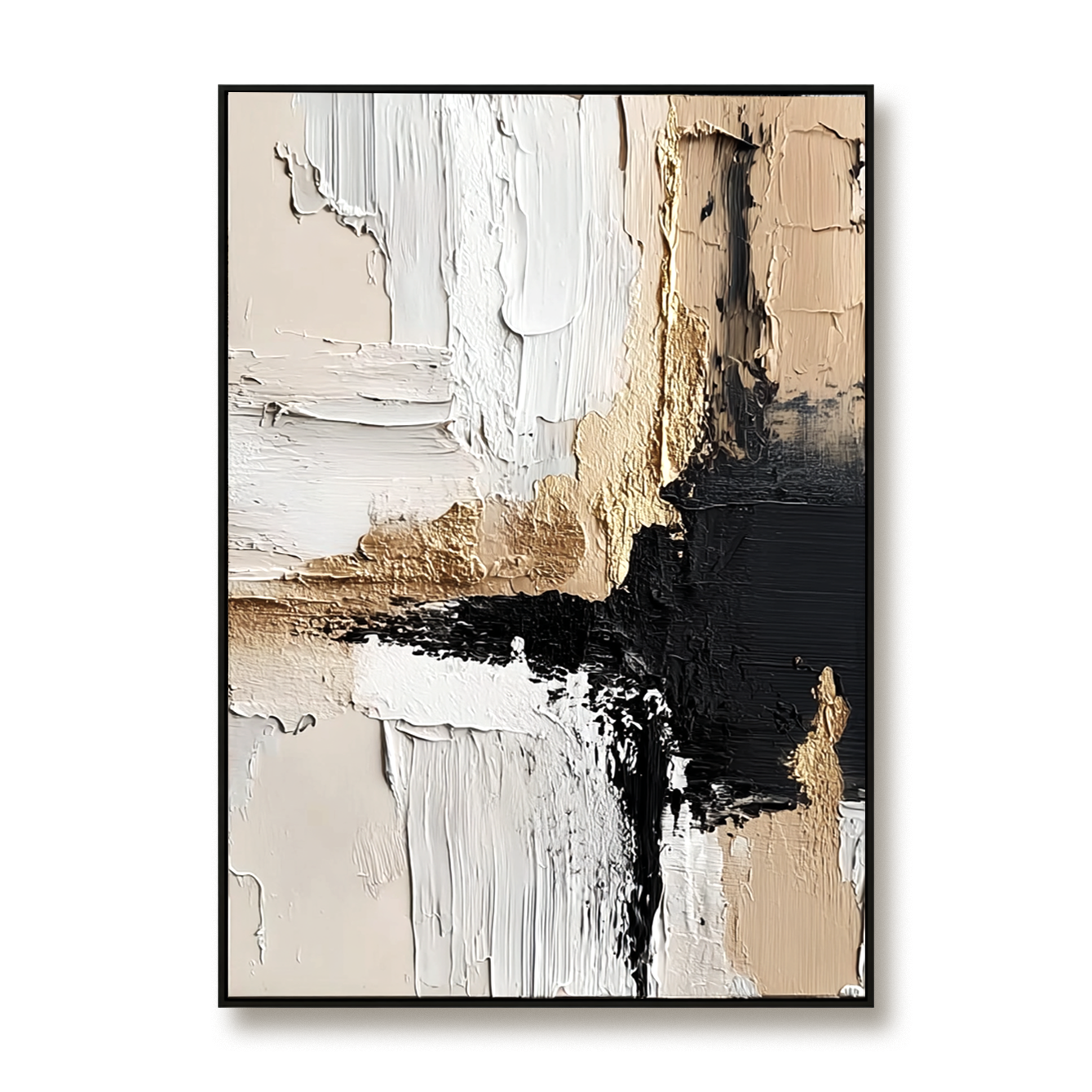 Abstract textured painting with black, white, and gold tones, creating a modern, minimalist composition.