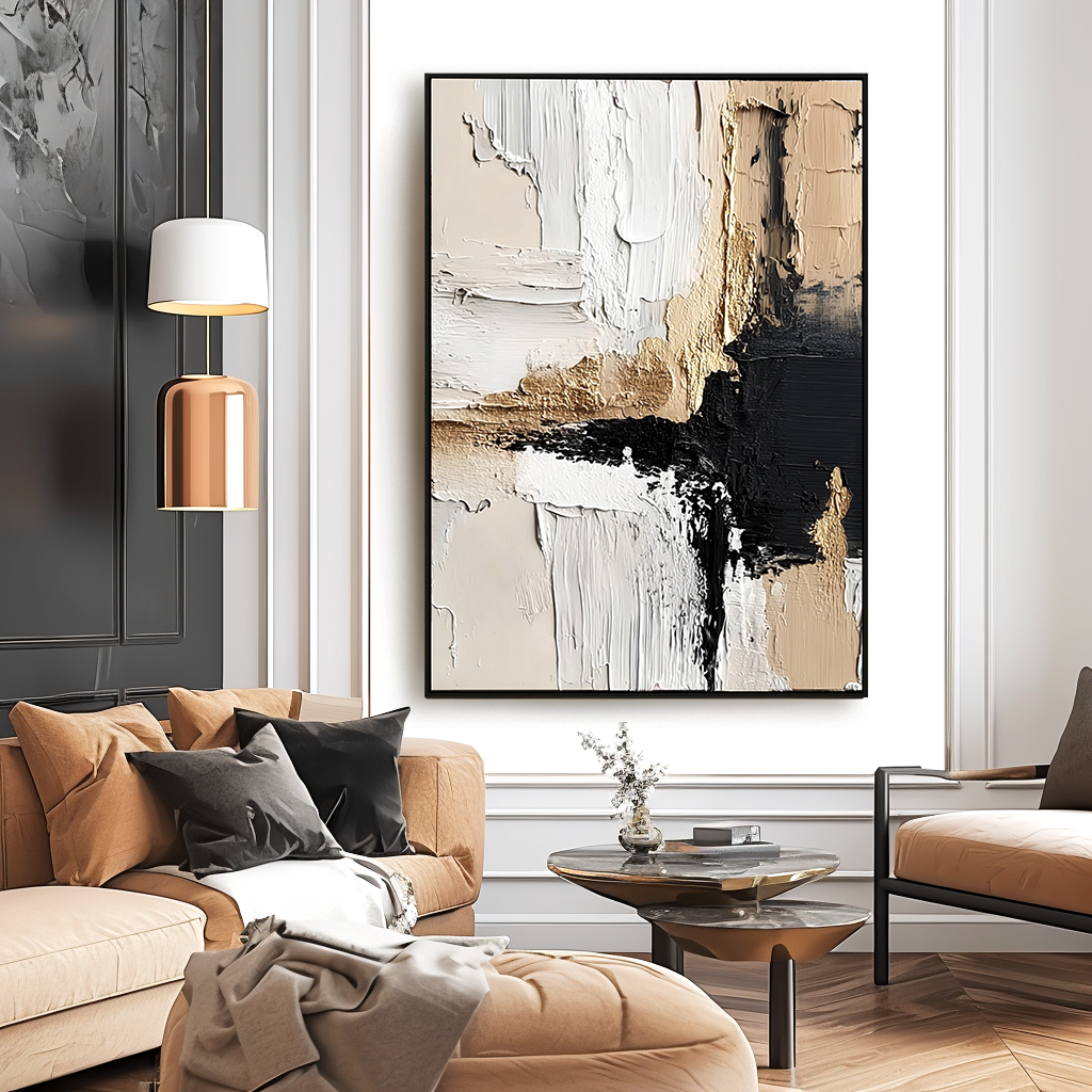 Abstract textured painting with black, white, and gold tones, creating a modern, minimalist composition.