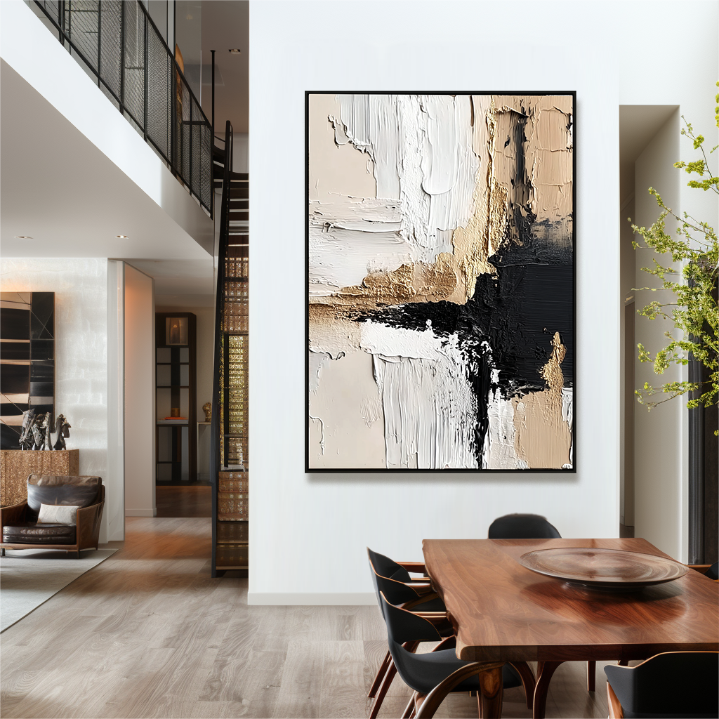 Abstract textured painting with black, white, and gold tones, creating a modern, minimalist composition.