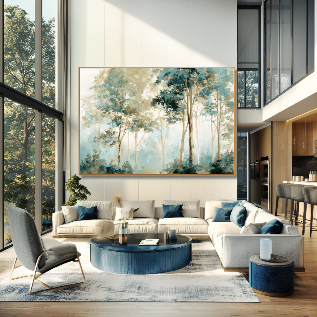 dreamy forest landscape painting with tall trees and soft mist