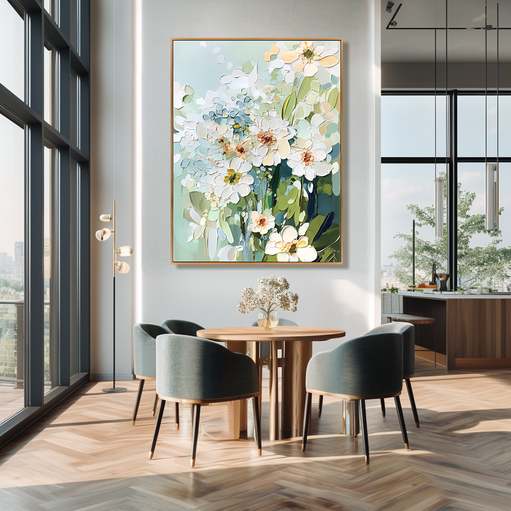 textured white floral painting with soft pastel colors and green leaves