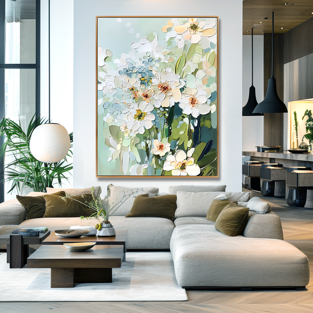 textured white floral painting with soft pastel colors and green leaves