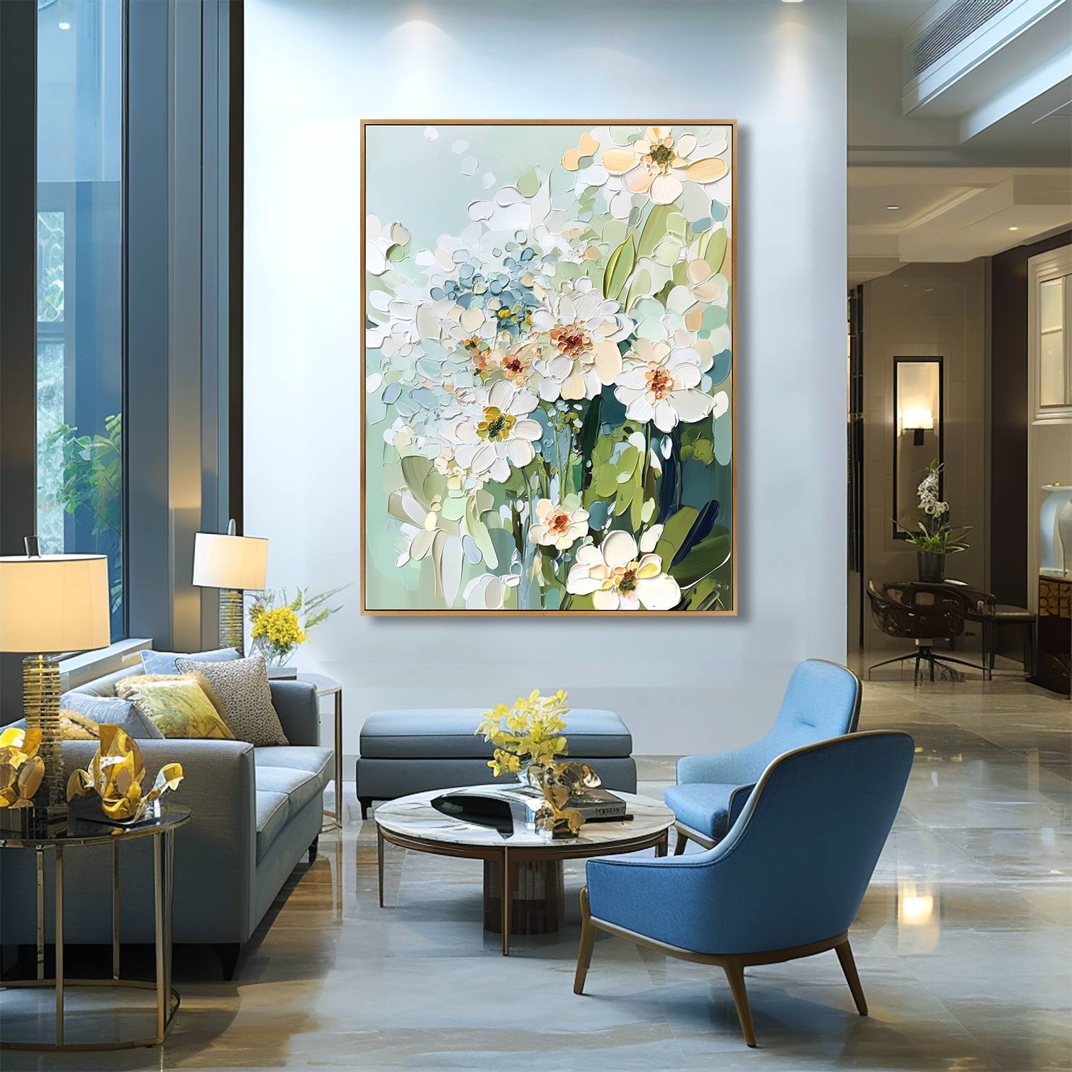 textured white floral painting with soft pastel colors and green leaves