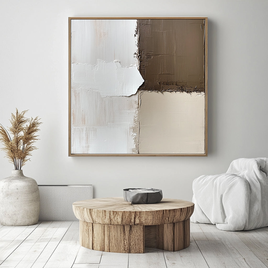 Minimalist abstract painting in earth tones and white, featuring textured blocks with impasto brushstrokes in geometric composition.