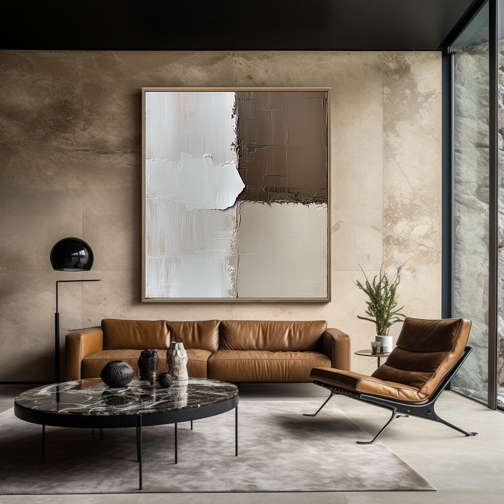 Minimalist abstract painting in earth tones and white, featuring textured blocks with impasto brushstrokes in geometric composition.