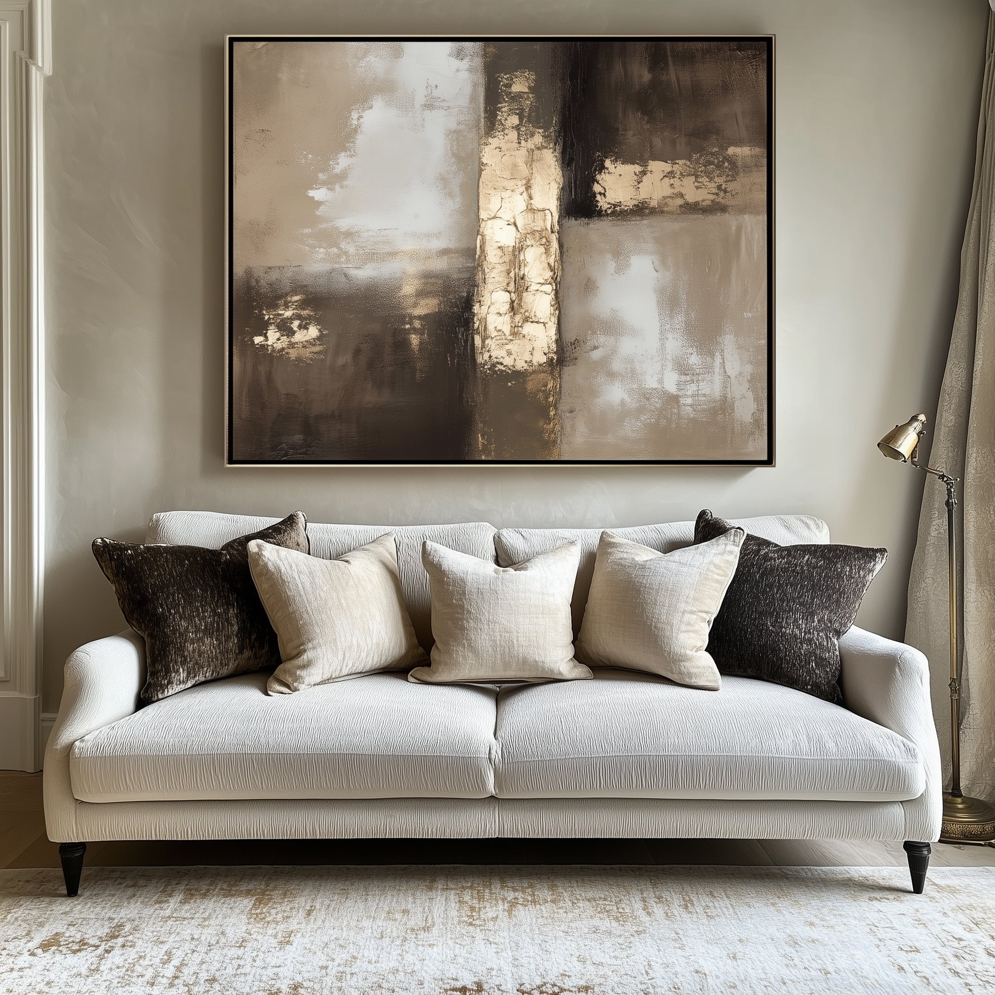 Abstract textured painting in gold and brown tones with thick impasto brushstrokes and a metallic accent block in a modern geometric composition.