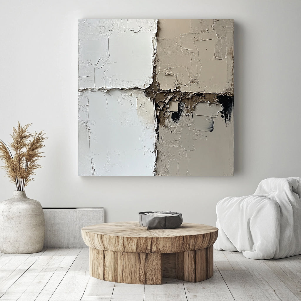 Minimalist impasto abstract art in white, beige, and dark tones, featuring cracked textures and a modern geometric design.