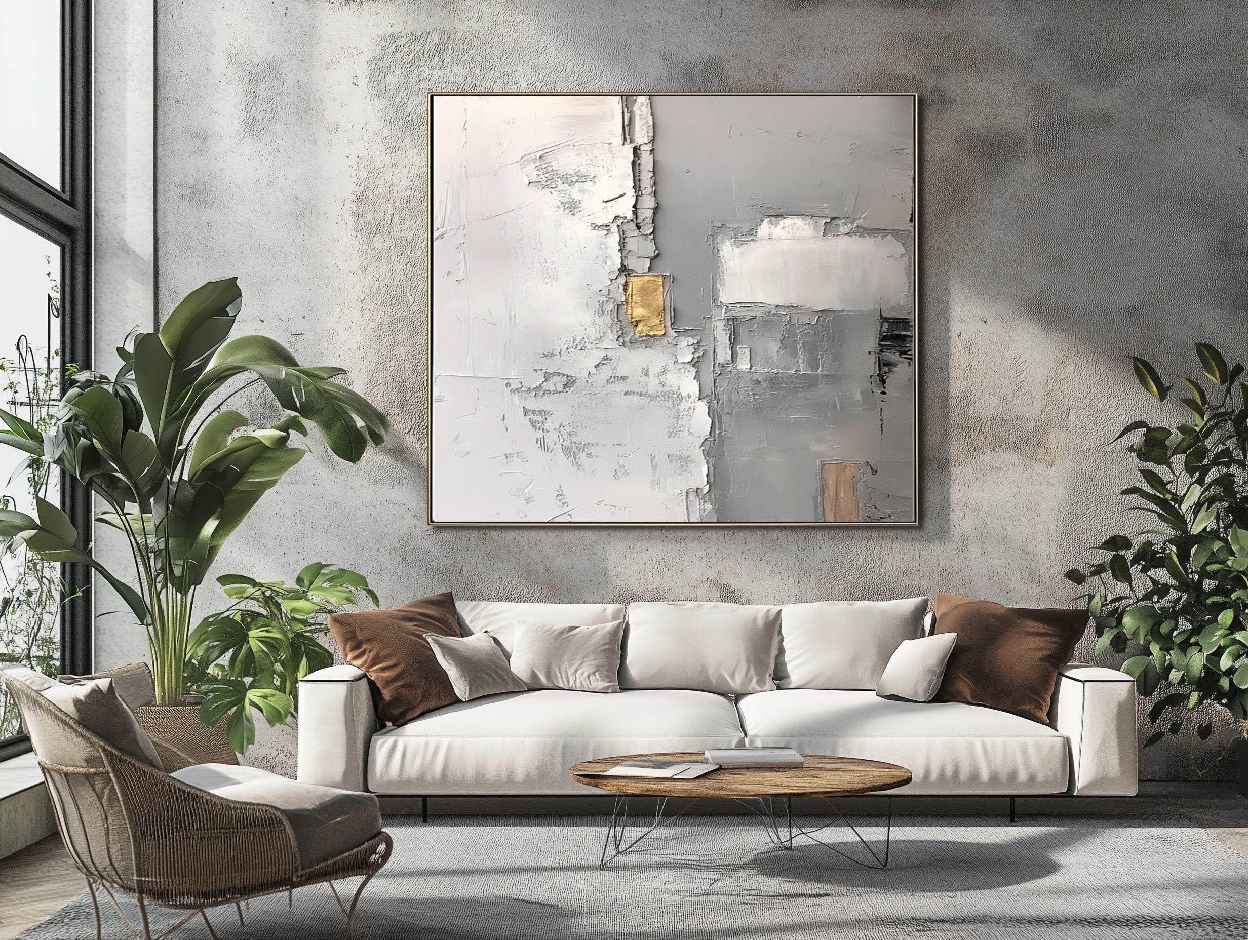 Abstract impasto art with textured gray and white surfaces, highlighted with metallic gold and beige accents, creating a modern and luxurious design.