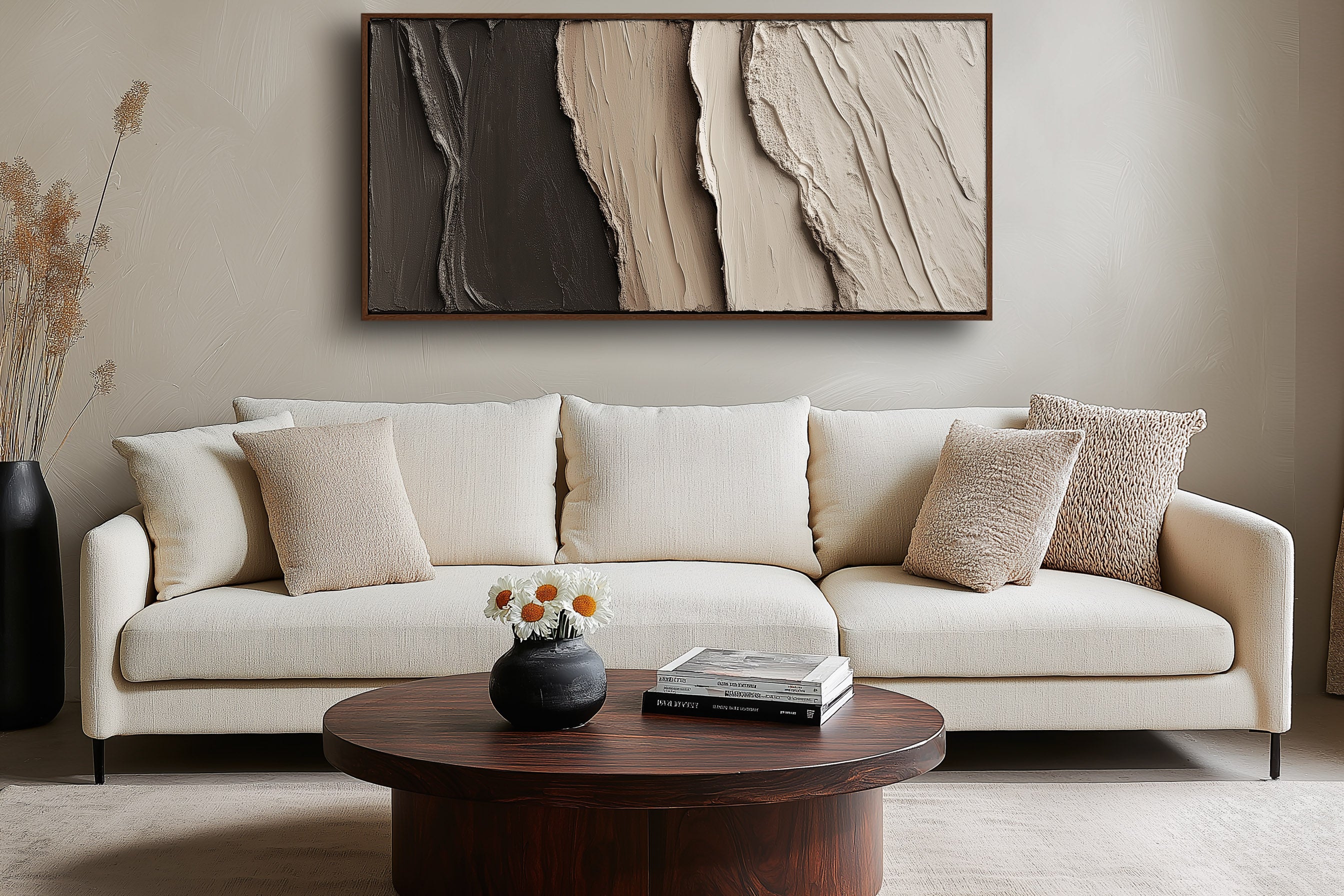 Minimalist textured abstract wall art in earthy neutral tones inspired by nature and Wabi-Sabi style.