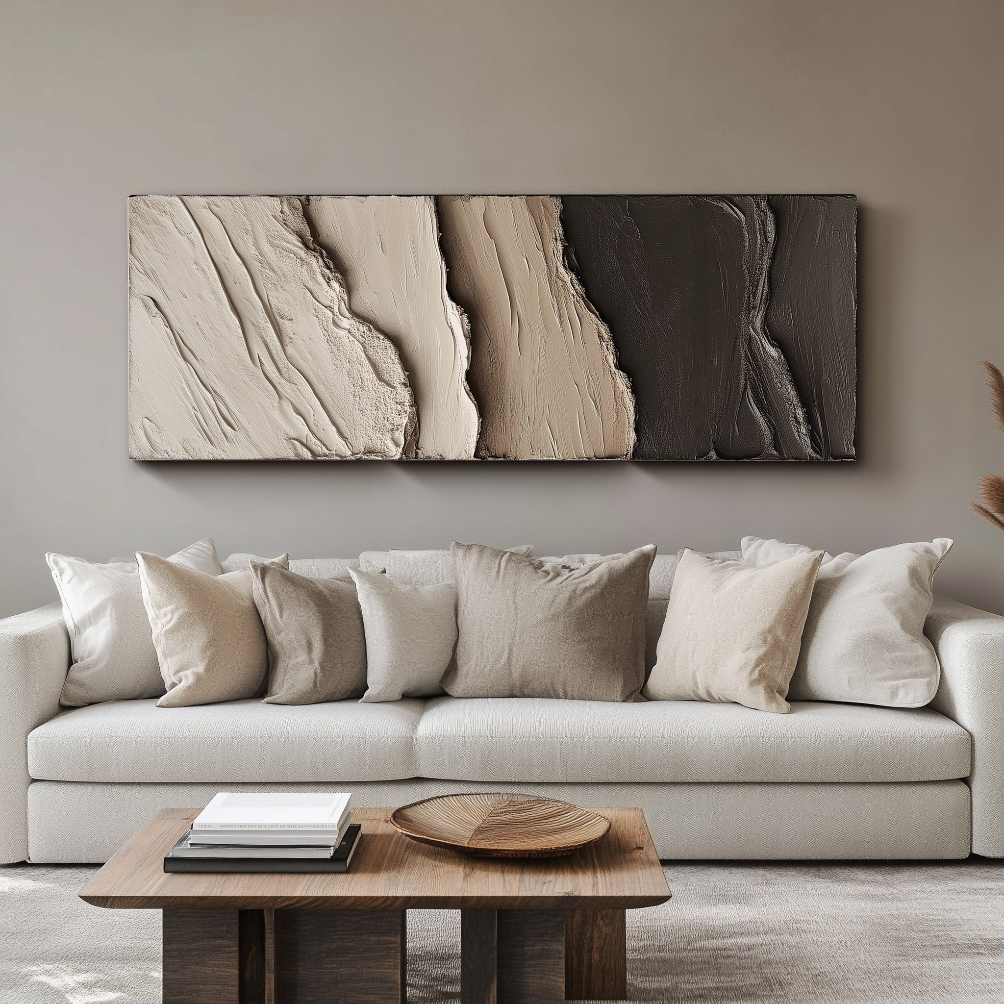 Minimalist textured abstract wall art in earthy neutral tones inspired by nature and Wabi-Sabi style.