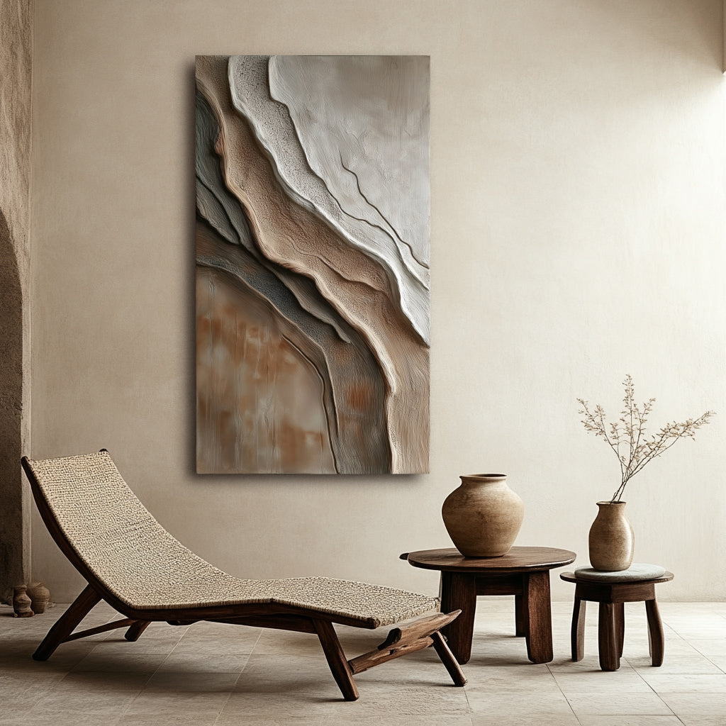 Vertical organic textured abstract painting in natural earth tones inspired by canyon rock layers.
