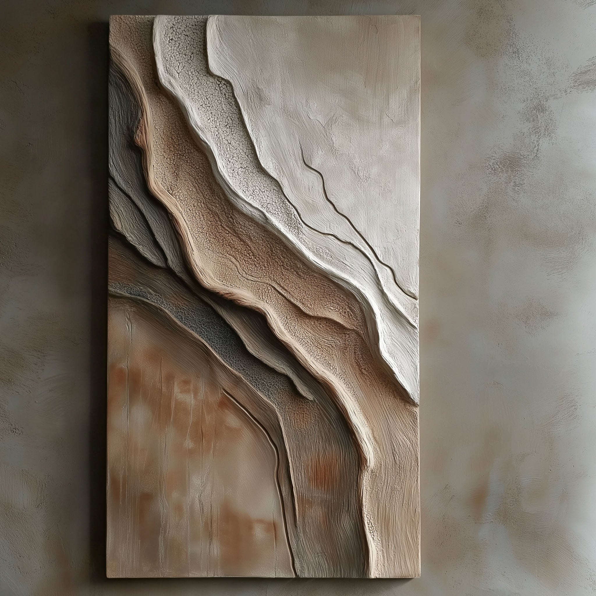 Vertical organic textured abstract painting in natural earth tones inspired by canyon rock layers.