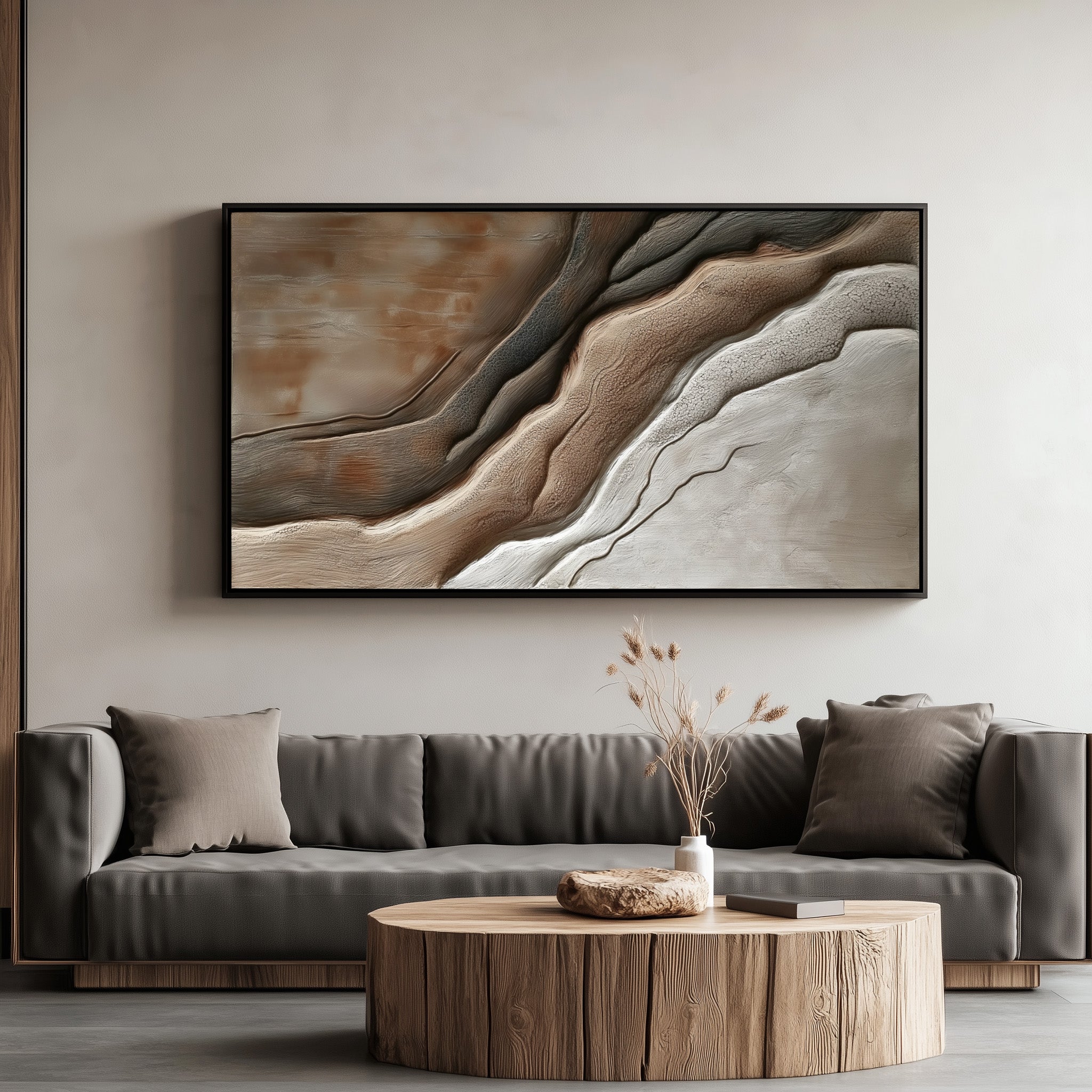 Vertical organic textured abstract painting in natural earth tones inspired by canyon rock layers.
