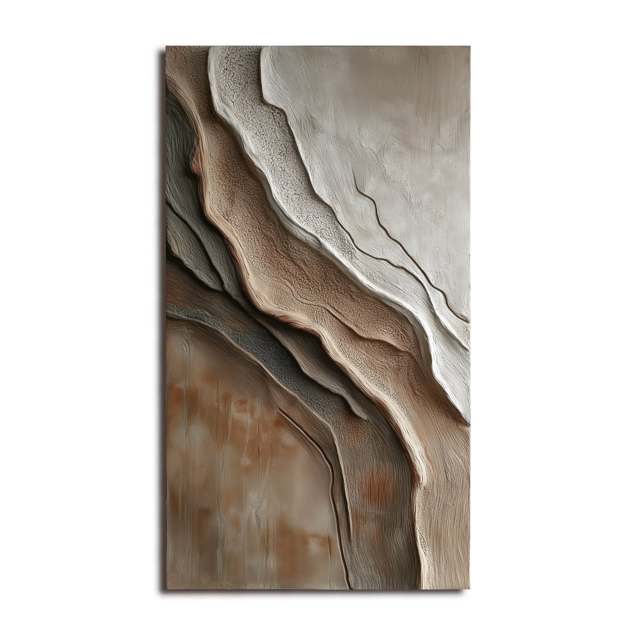 Vertical organic textured abstract painting in natural earth tones inspired by canyon rock layers.