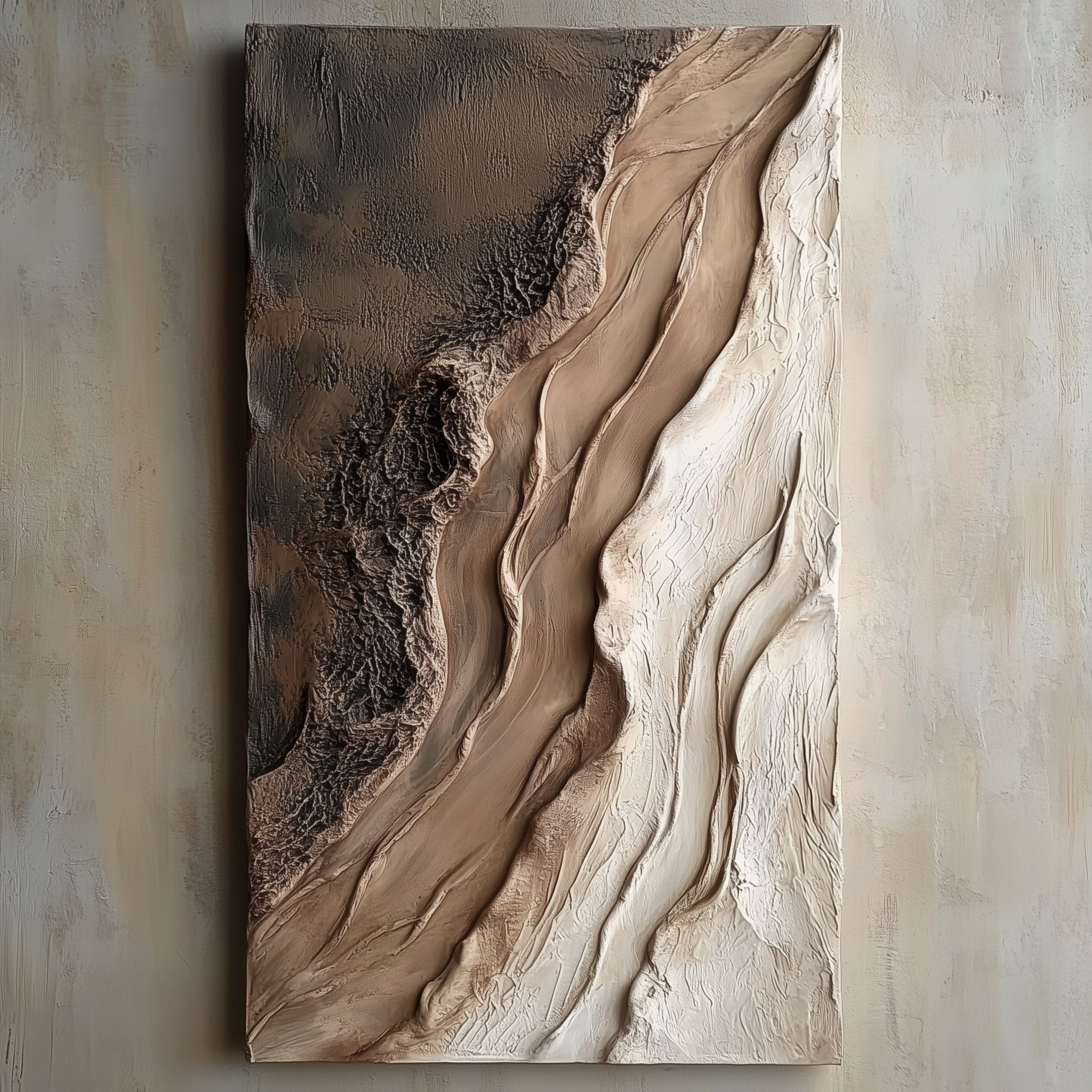 Vertical abstract textured painting inspired by desert sand and natural earthy layers in neutral tones.