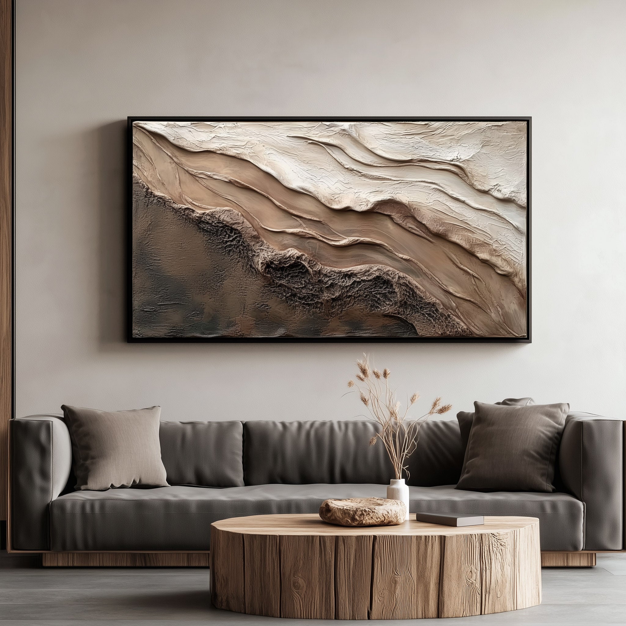 Vertical abstract textured painting inspired by desert sand and natural earthy layers in neutral tones.