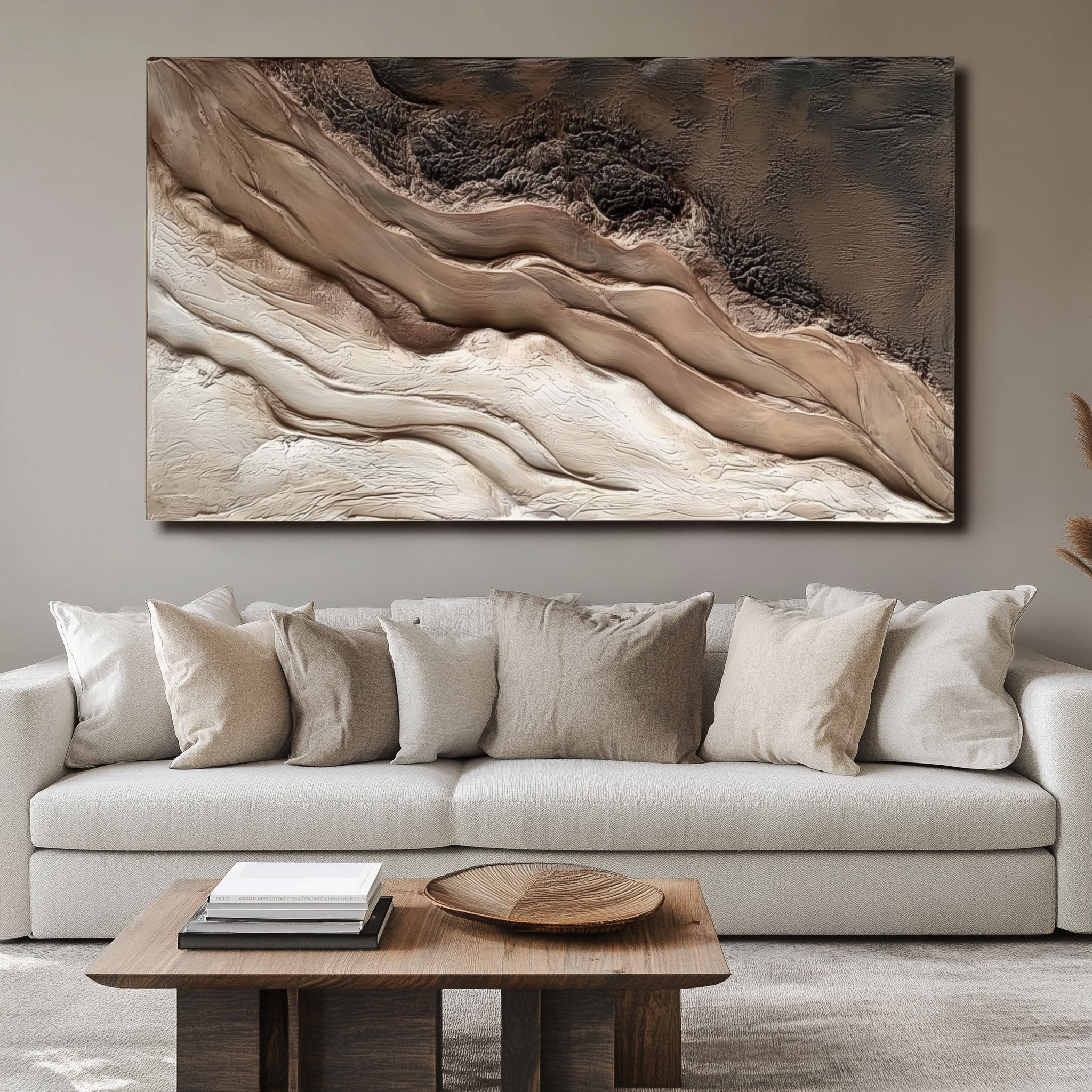 Vertical abstract textured painting inspired by desert sand and natural earthy layers in neutral tones.