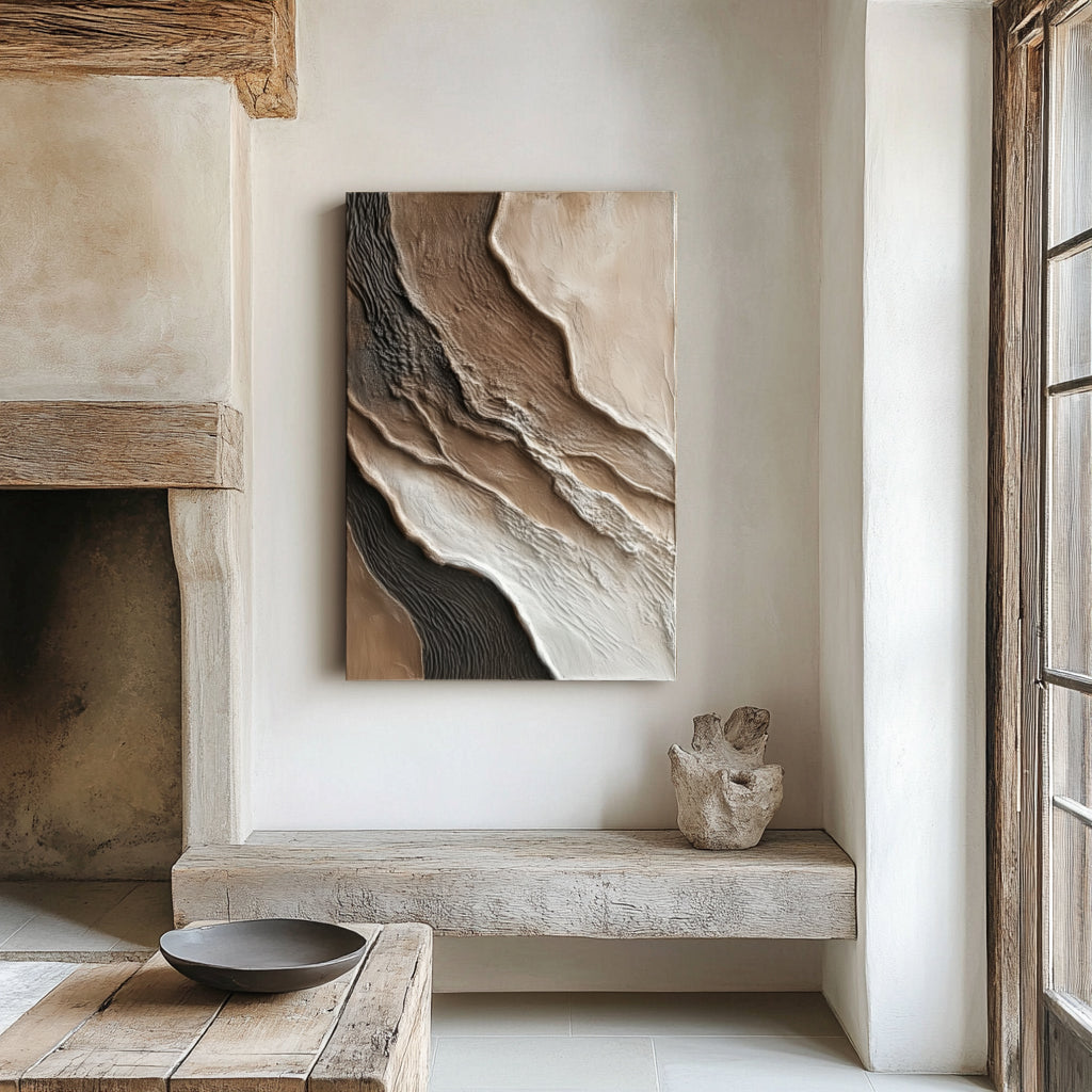 Vertical textured minimalist abstract art inspired by natural earth layers and erosion forms in neutral tones.