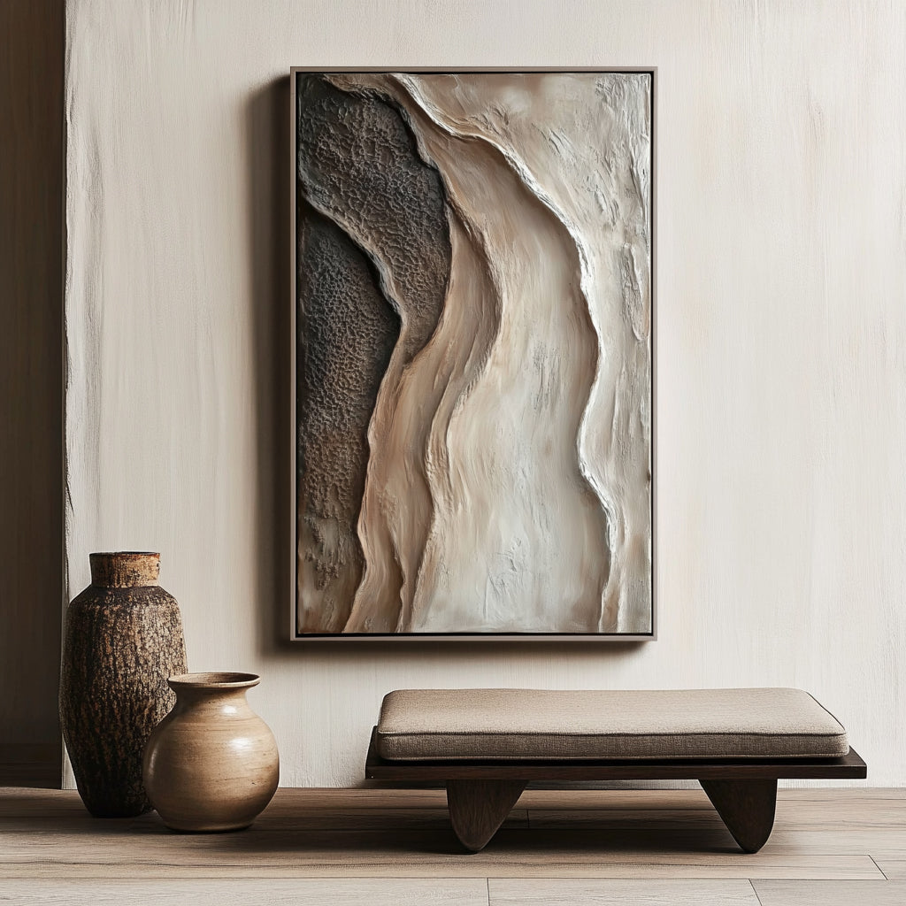 Vertical organic textured painting with flowing dune-like shapes in warm neutral earth tones.