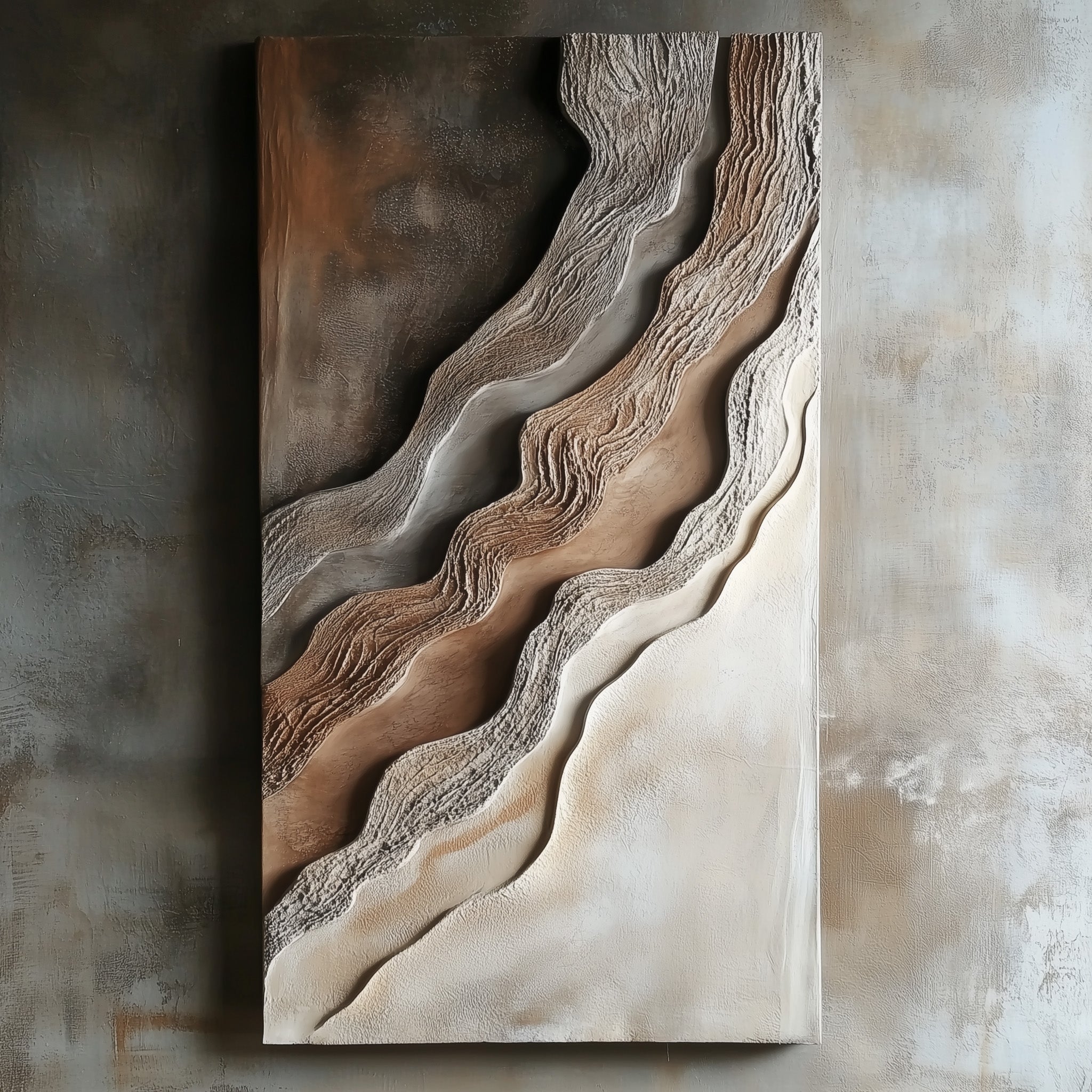 Vertical natural textured abstract painting with layered earth tones and wavy canyon-like forms.