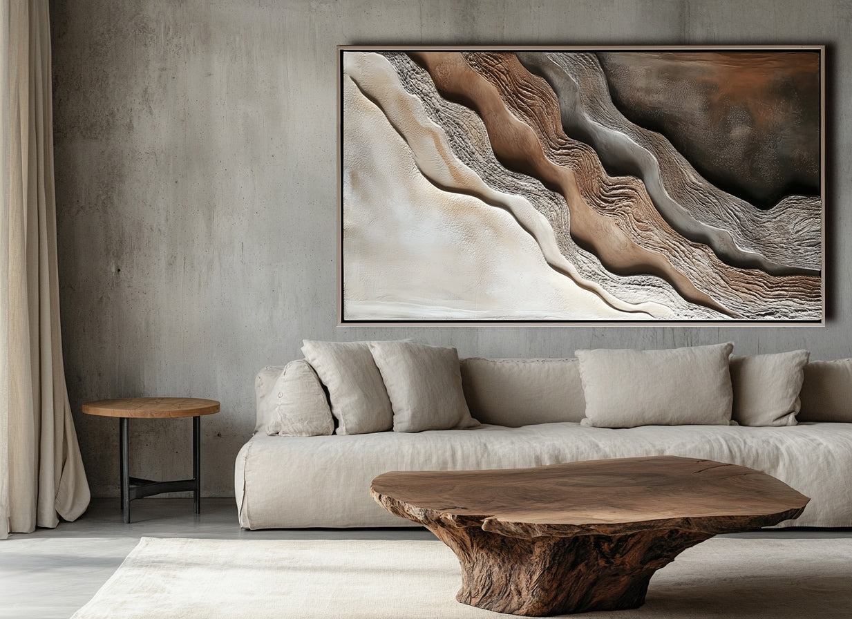 Vertical natural textured abstract painting with layered earth tones and wavy canyon-like forms.