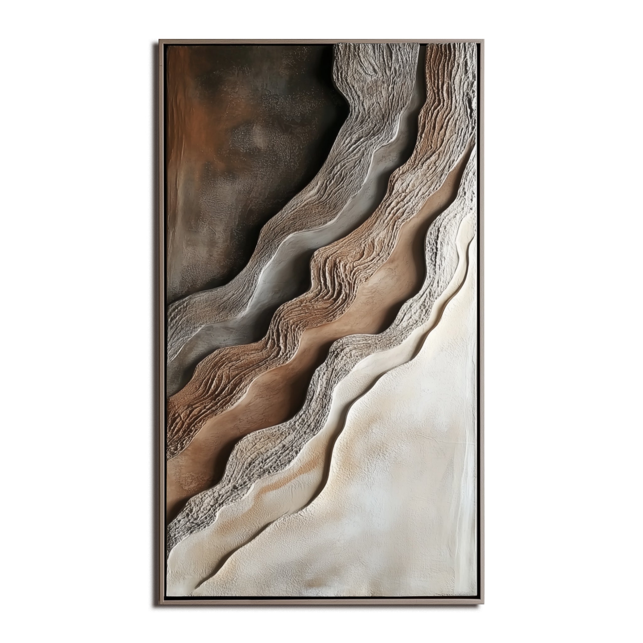 Vertical natural textured abstract painting with layered earth tones and wavy canyon-like forms.