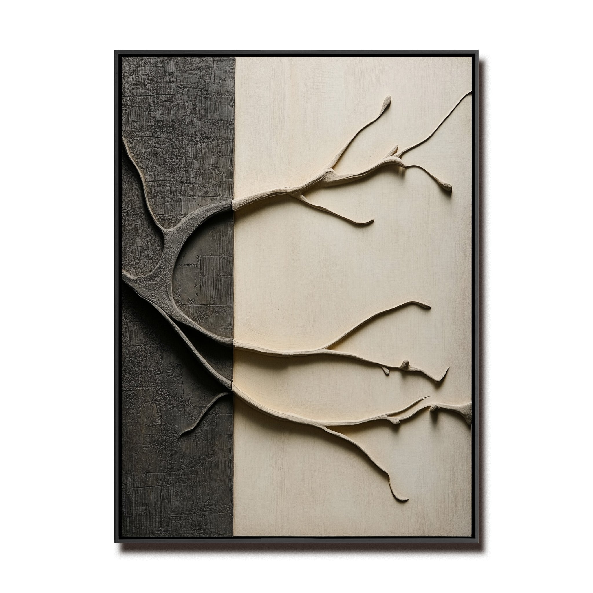 Textured abstract tree artwork with black and white divided background and 3D branch design.