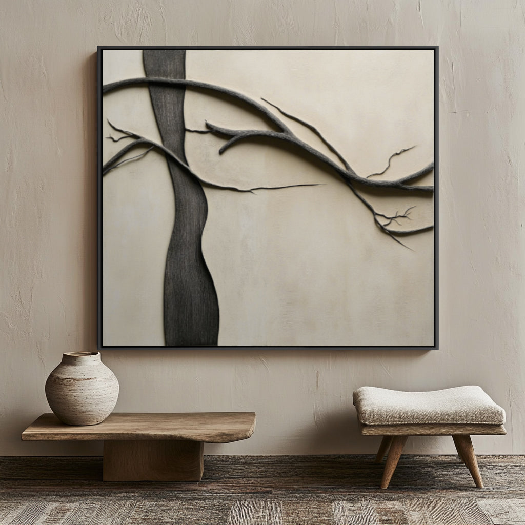Minimalist textured tree art with dark trunk and extended branches on neutral background.
