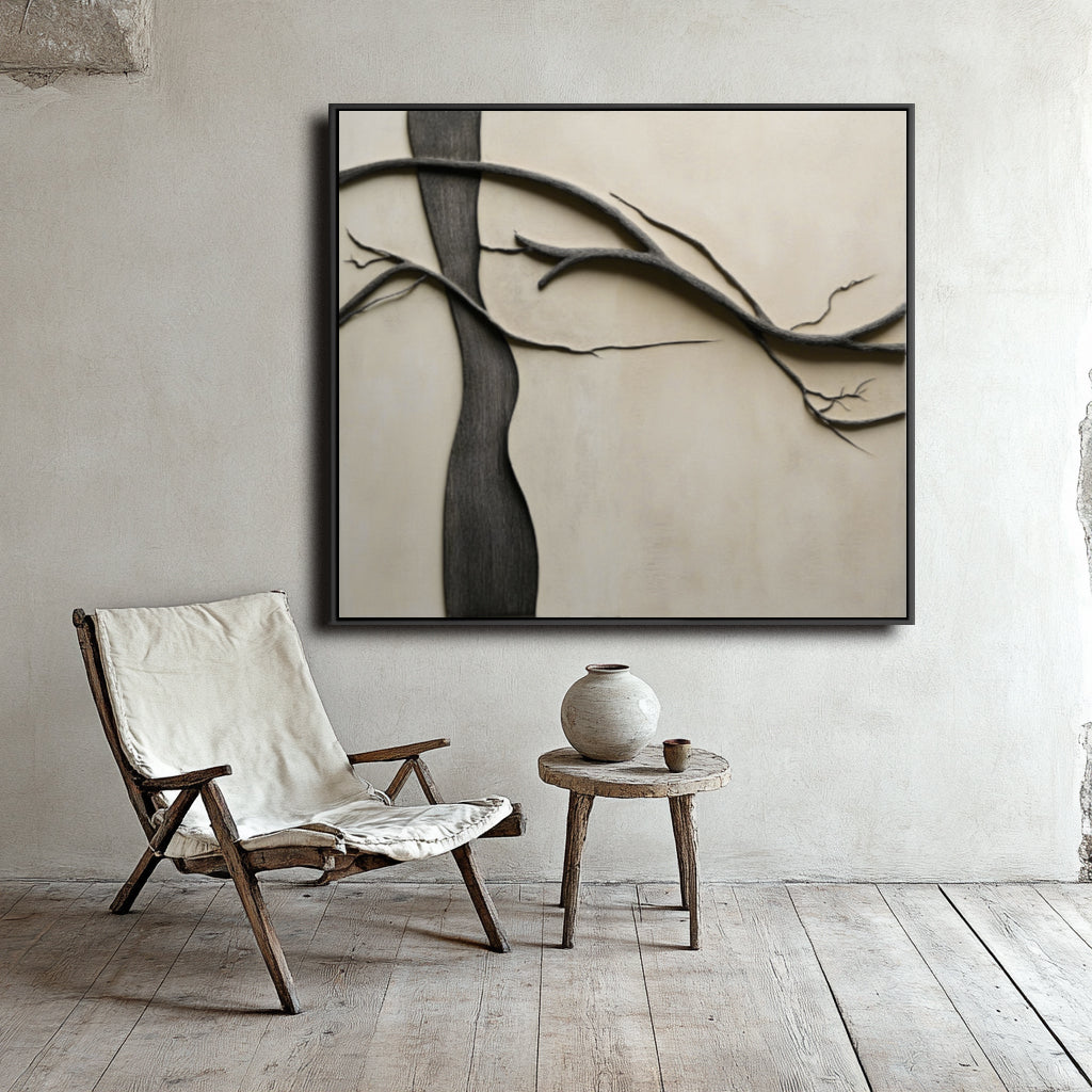 Minimalist textured tree art with dark trunk and extended branches on neutral background.