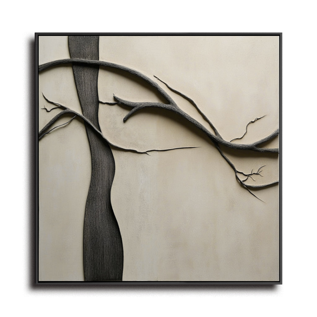 Minimalist textured tree art with dark trunk and extended branches on neutral background.