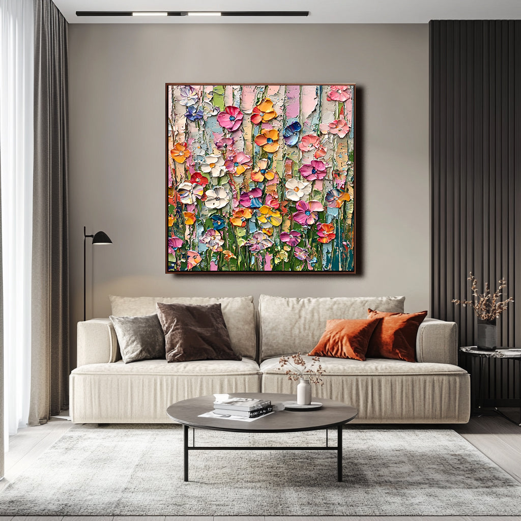 Colorful textured floral wall art with thick paint and vibrant blooming flowers.