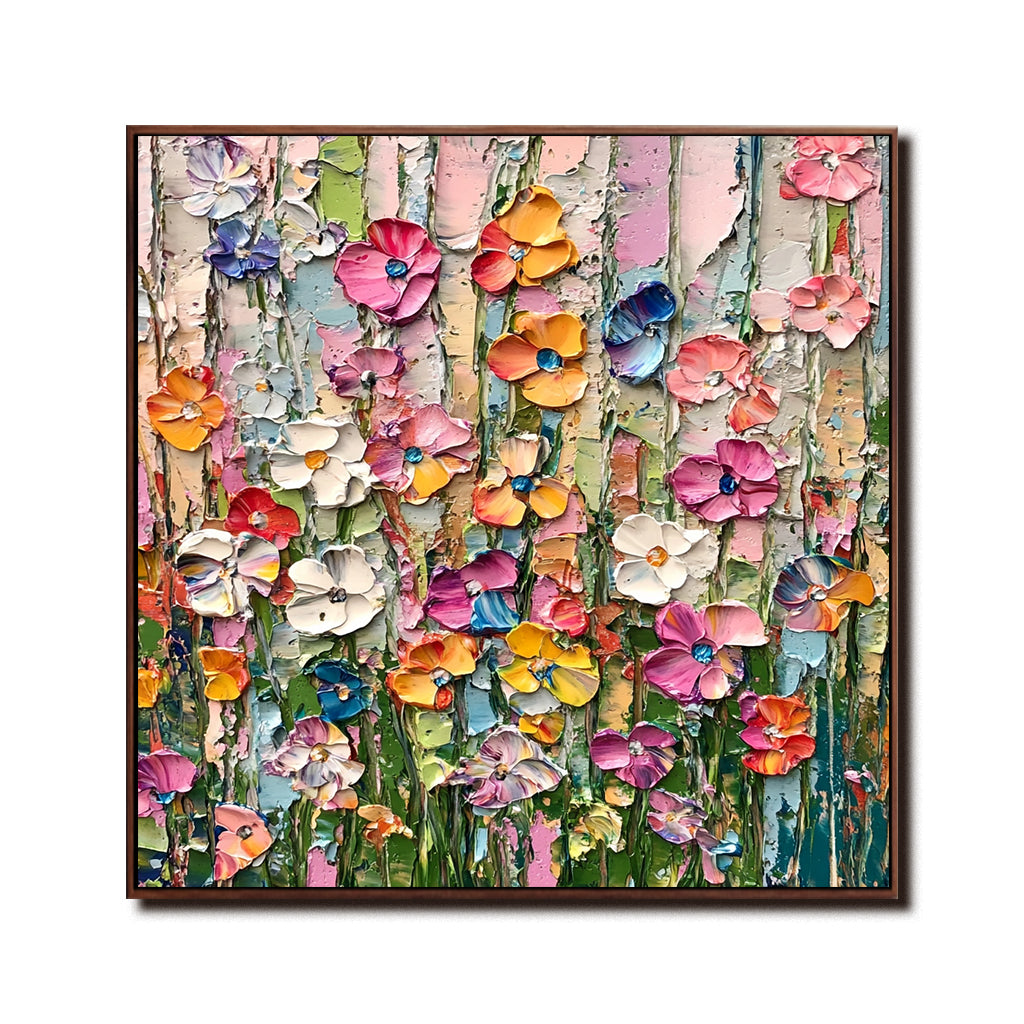 Colorful textured floral wall art with thick paint and vibrant blooming flowers.
