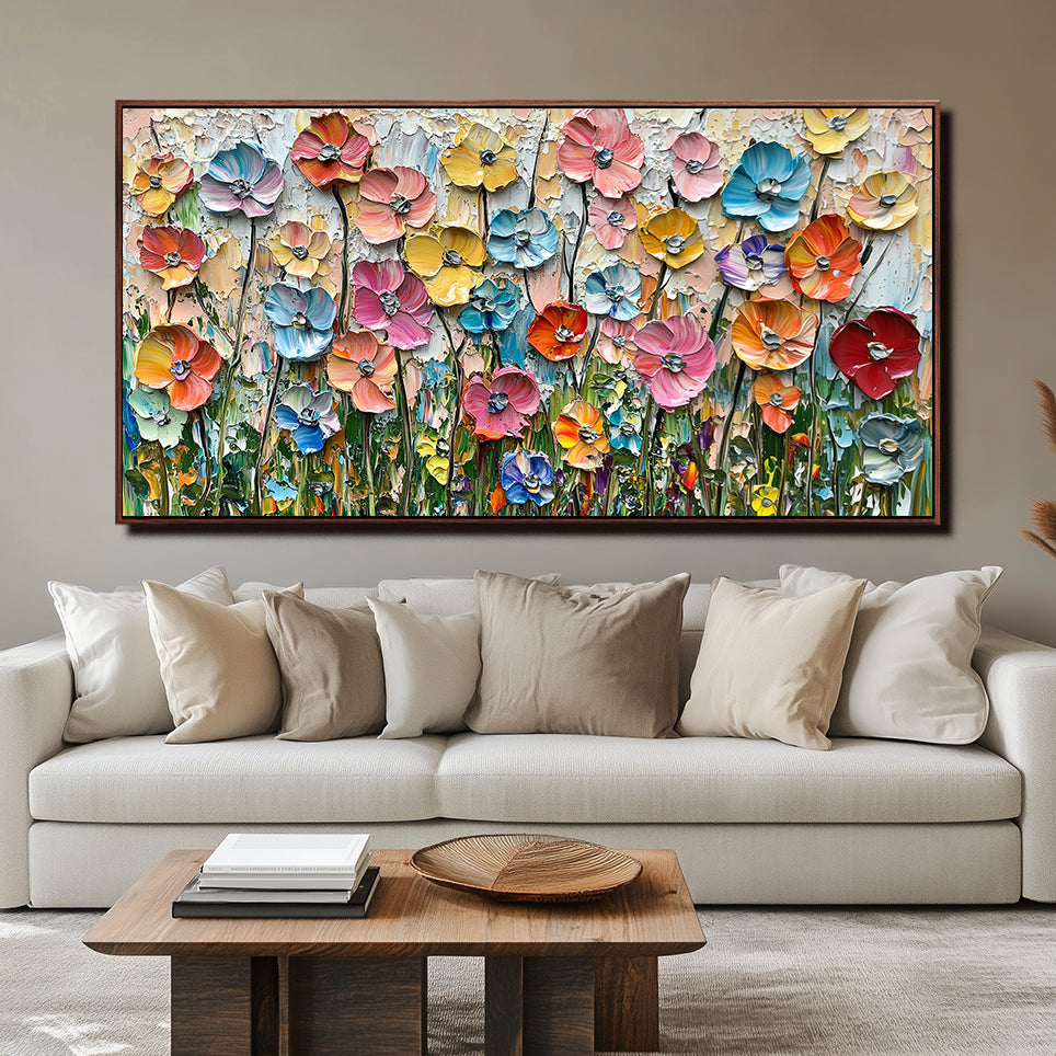 Colorful horizontal textured floral painting with blooming flowers and thick palette-knife strokes.