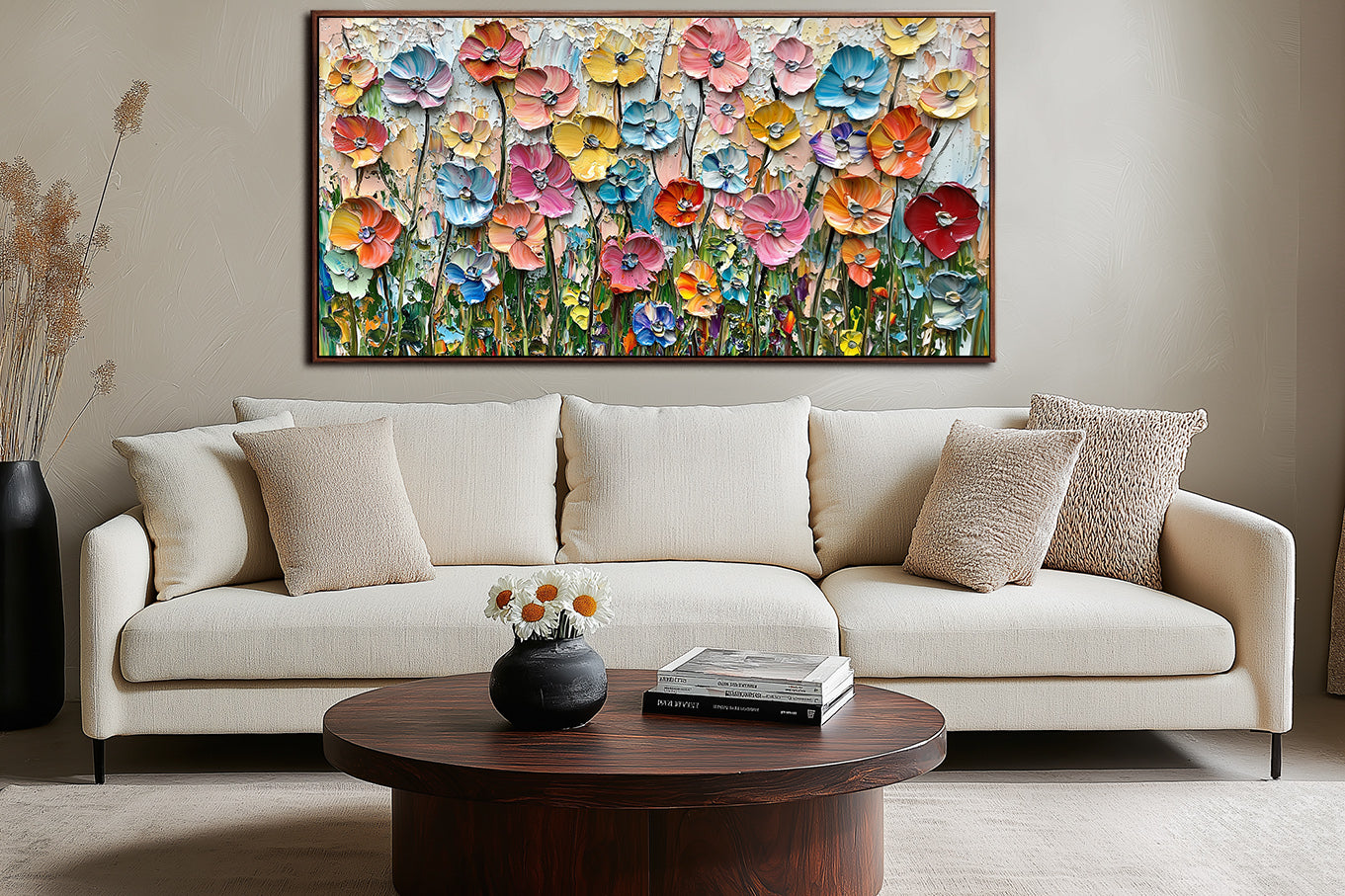 Colorful horizontal textured floral painting with blooming flowers and thick palette-knife strokes.